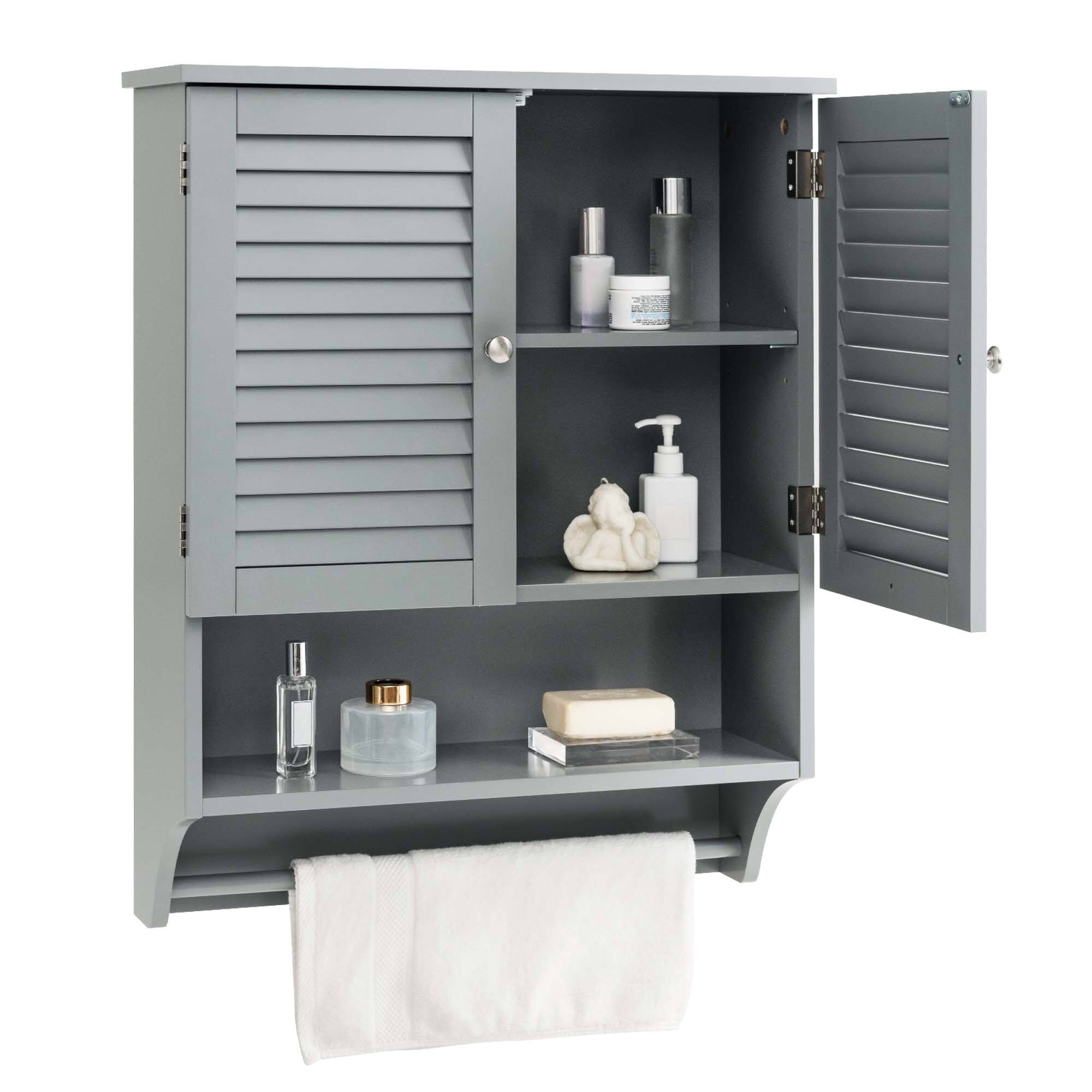 Front. Costway - Costway Bathroom Wall Mounted Medicine Cabinet with Louvered Doors & Towel Bar Grey - Grey.