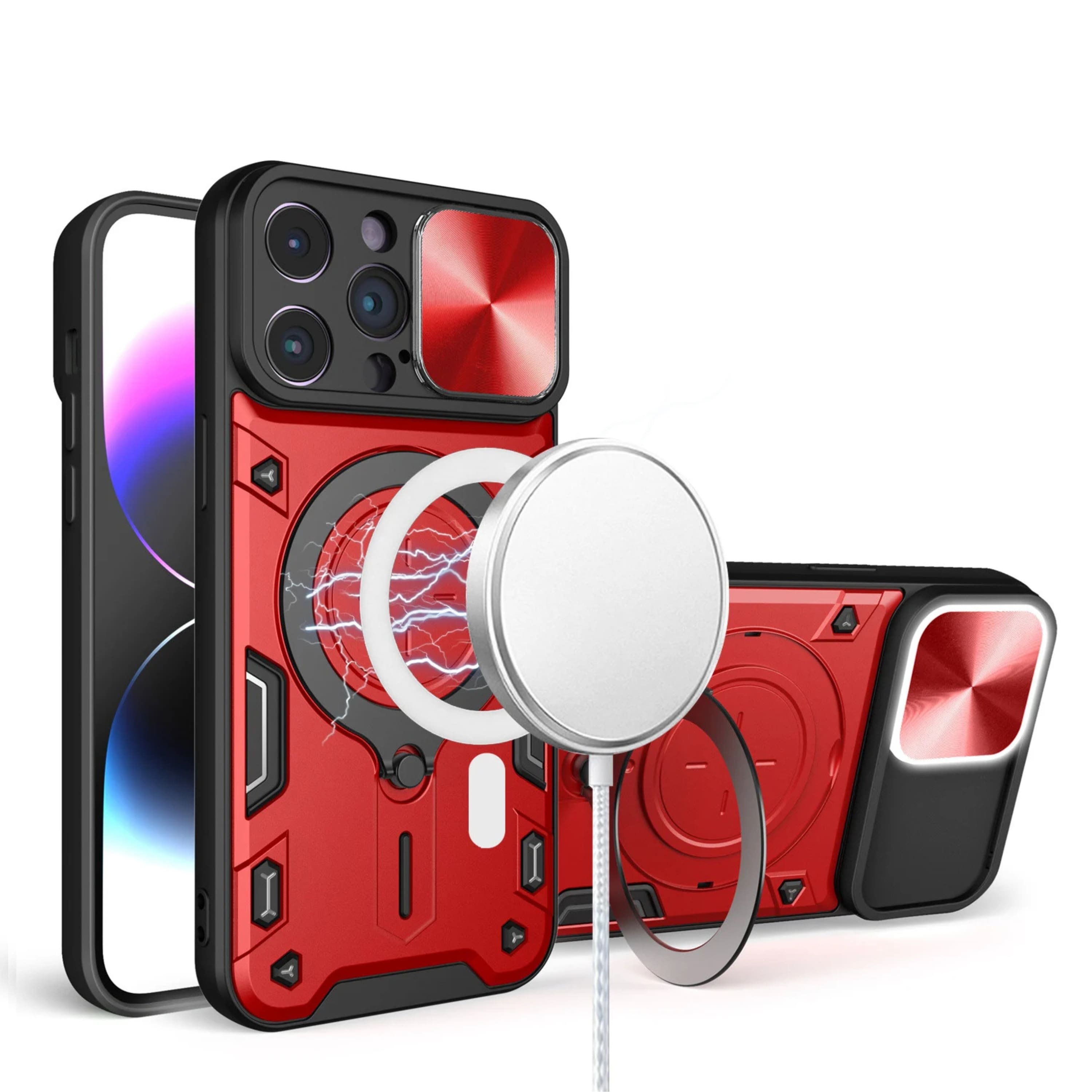 Kitcheniva - Magnetic Circle Stand Case With Lens Protection And 2 Tempered Glass For iPhone 15 - Red price history on PriceWatchPro