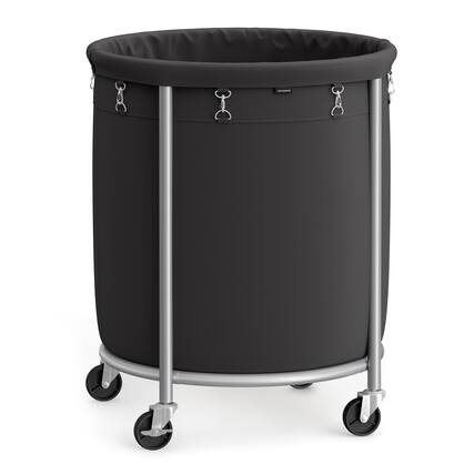 Front. Songmics Home - 50.2-Gallon (190 L) Laundry Basket with Wheels, Rolling Round Heavy-Duty Laundry Hamper Cart,Steel Frame,Removable Bag - Ink Black and Metallic Silver.