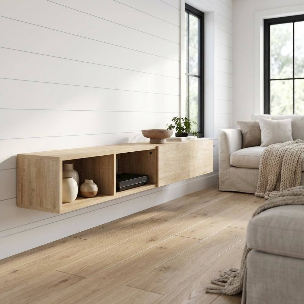 Alt View 1. FurniFact - Floating TV Stand with Oak Finish and Open Shelves for Modern Living - Gray.