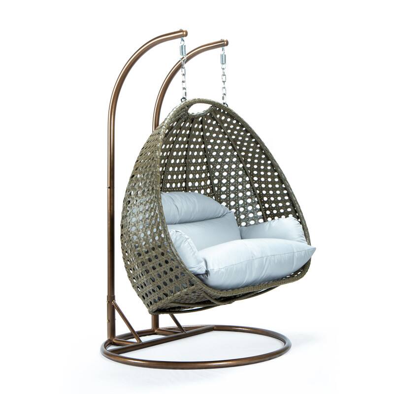 Back. LeisureMod - Leisuremod 2-Person Wicker Egg Swing Chair with Stand & Washable Cushions - Indoor/Outdoor Double Hanging Patio Chair - Light Grey.