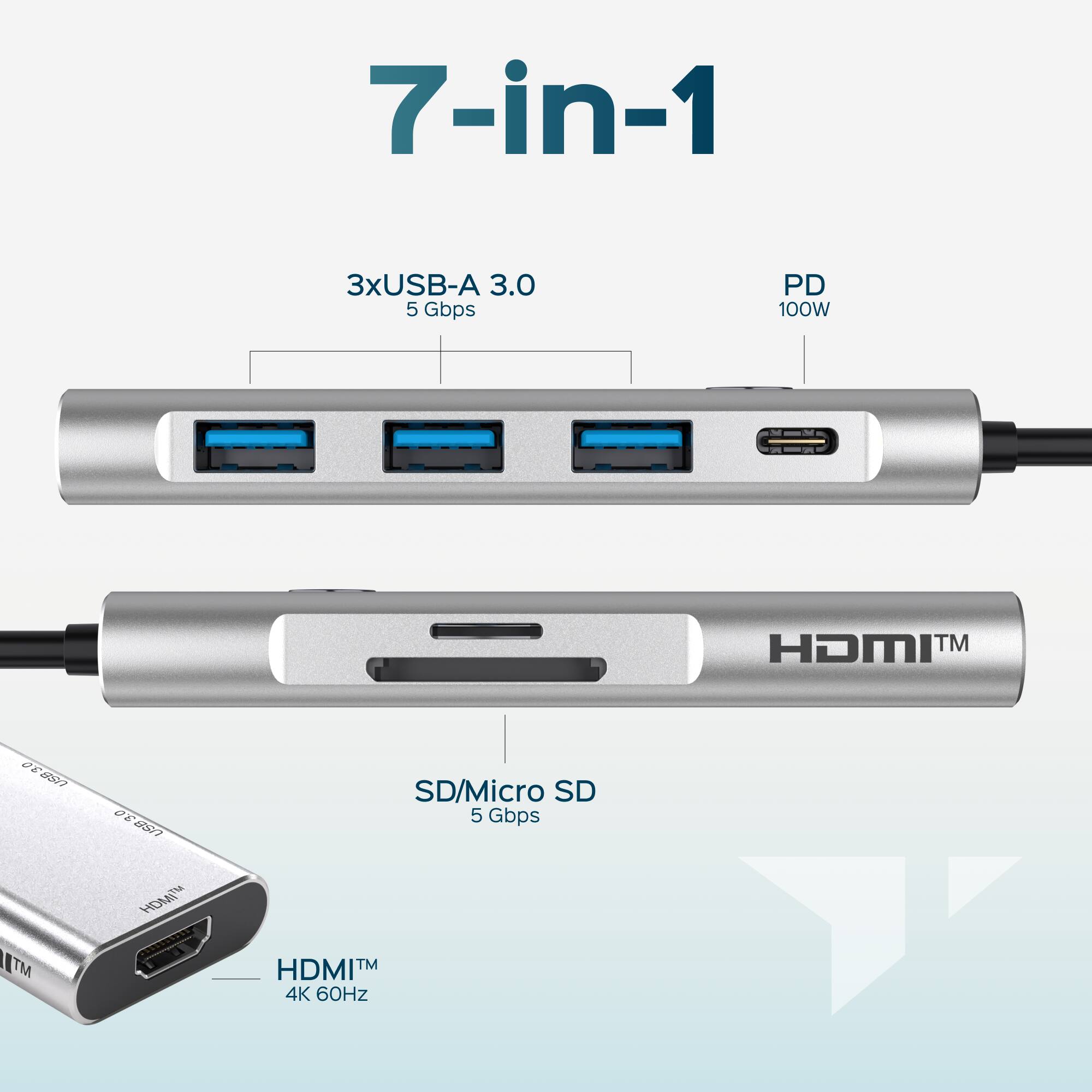 7-in-1  
3xUSB-A 3.0 5 Gbps  
PD 100W  
HDMI™  
SD/Micro SD 5 Gbps  
HDMI™ 4K 60Hz