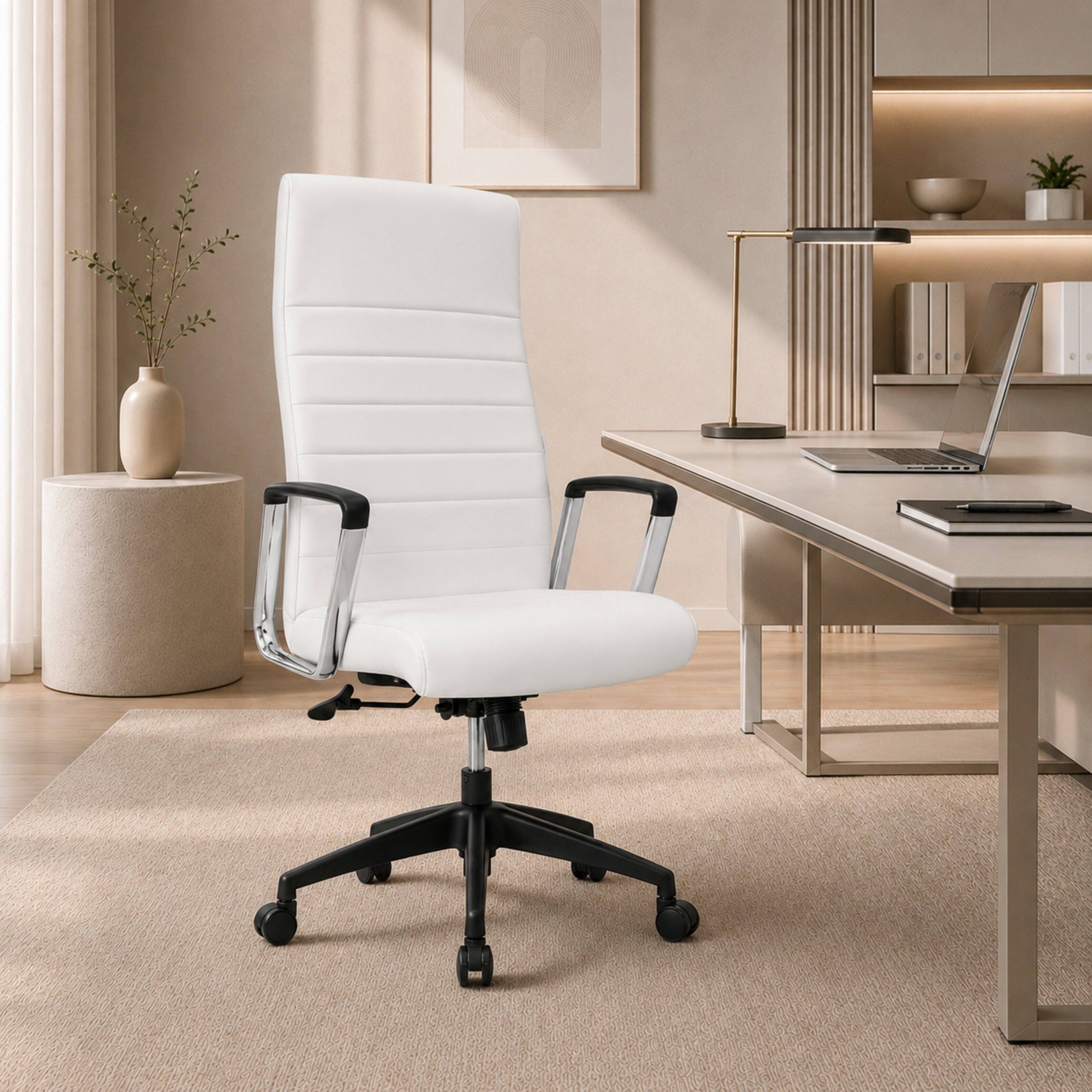 Alt View 6. LeisureMod - Hilton Ergonomic High Back Adjustable Leather Upholstered Office Desk Chair, Steel Frame, Swivel Base, Home Office Use - White.