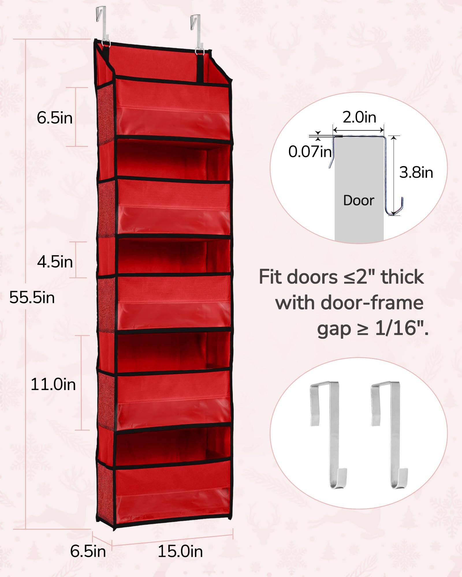 6.5in  
2.0in  
0.07in  
3.8in  
Door  
4.5in  
55.5in  
11.0in  
6.5in  
15.0in  

Fit doors ≤2" thick with door-frame gap ≥ 1/16".