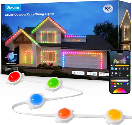 Govee Outdoor Dots String Lights
100 FT
White Version
2700lm (360°) 4000K
Works with Alexa, Google Home, Matter
100 FT