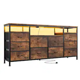 Acekool - 63" Long Dresser with 10 Fabric Drawers, TV Stand for Up to 75 Inch TV, Entertainment Center with LED Lights - Brown