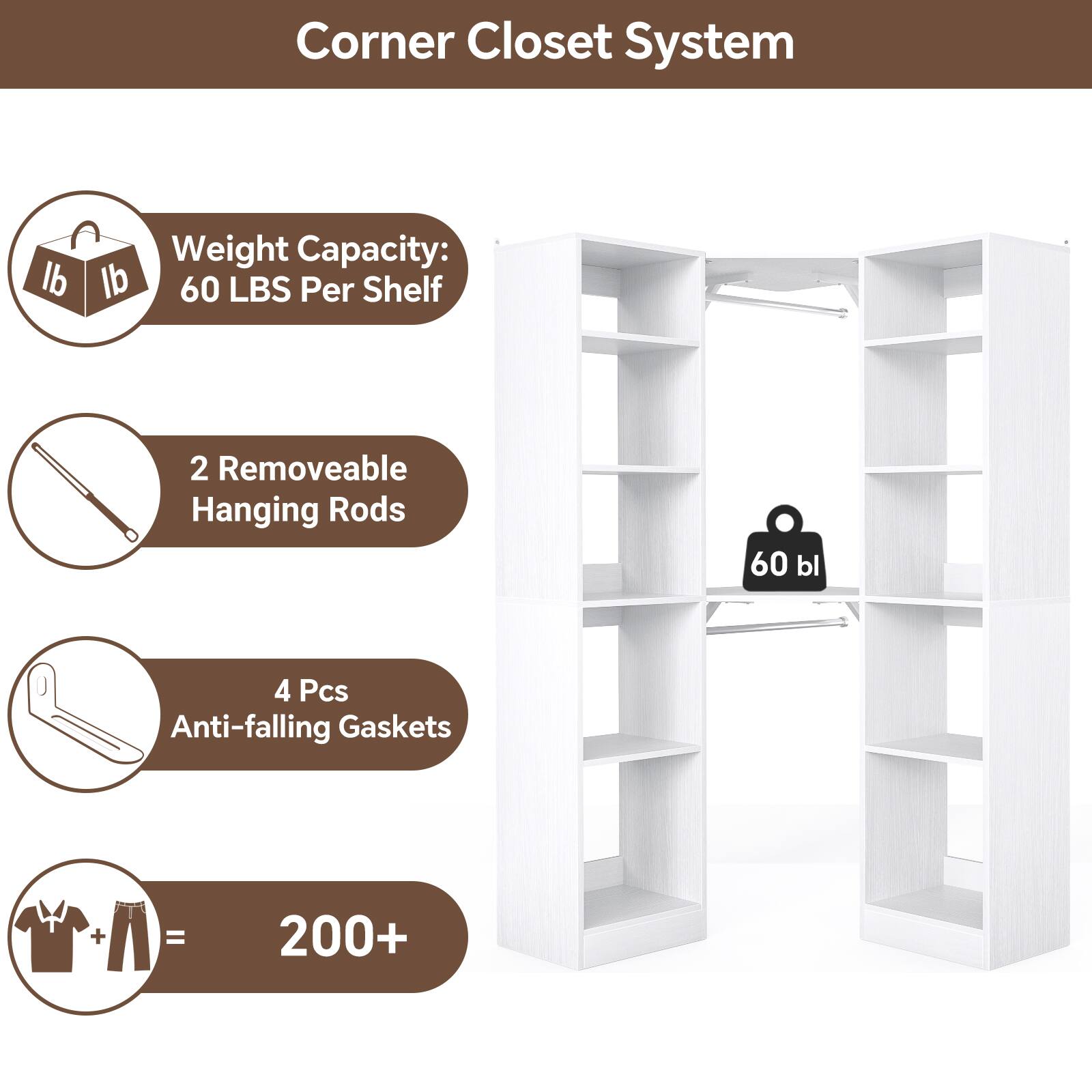 Corner Closet System

- Weight Capacity: 60 LBS Per Shelf
- 2 Removable Hanging Rods
- 4 Pcs Anti-falling Gaskets
- 200+