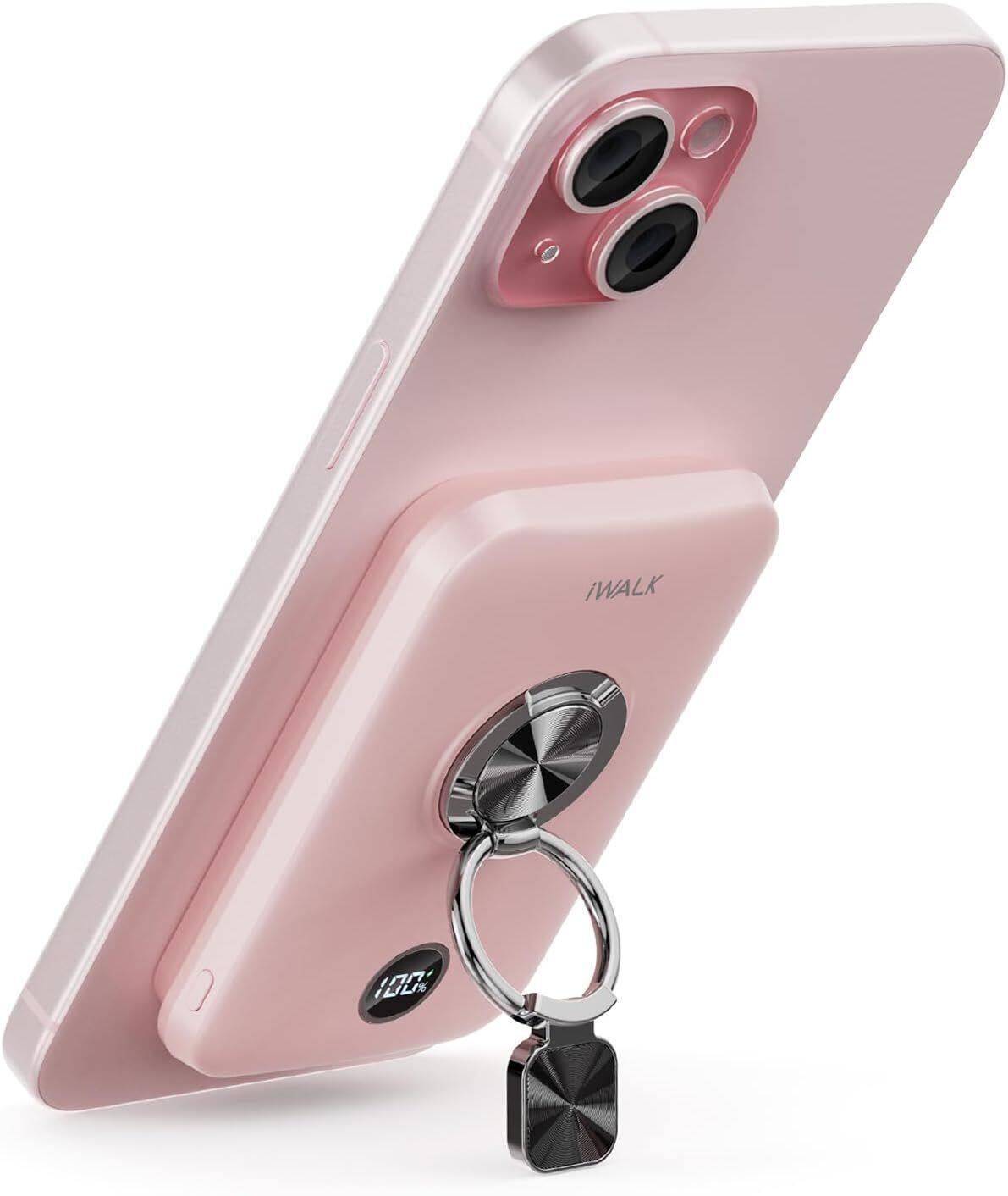 Angle. iWalk - iWalk 10000 mAh Magnetic Portable Charger with Ring Stand Power Bank Wireless Slim LED Display Battery Pack - Pink.