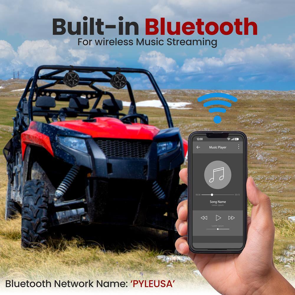 Built-in Bluetooth  
For wireless Music Streaming  

Bluetooth Network Name: 'PYLEUSA'  

12:00  
Music Player  
00:38  
Song Name  
Lonem