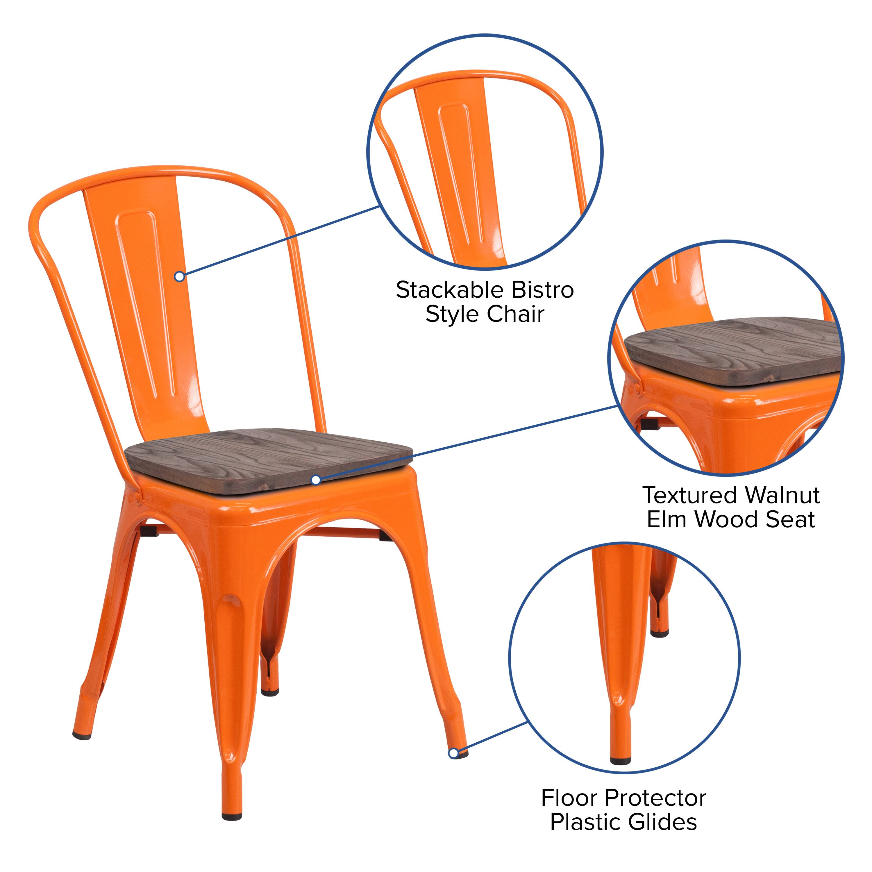 Stackable Bistro Style Chair  
Textured Walnut Elm Wood Seat  
Floor Protector Plastic Glides