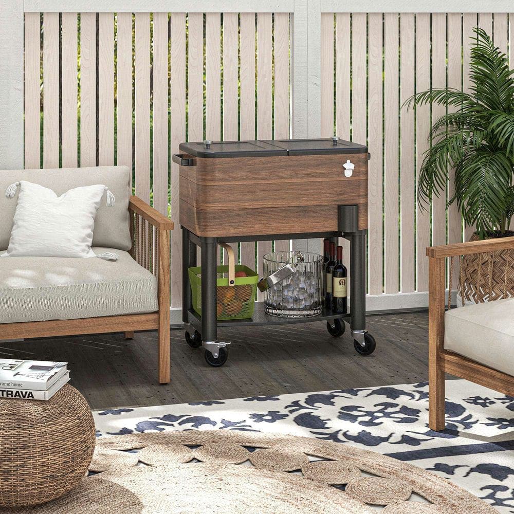 Resenkos - 60 Quart Outdoor Cooler Cart, Rolling Ice Chest with Bottom Shelf and Bottle Opener for Backyard, Deck - Brown