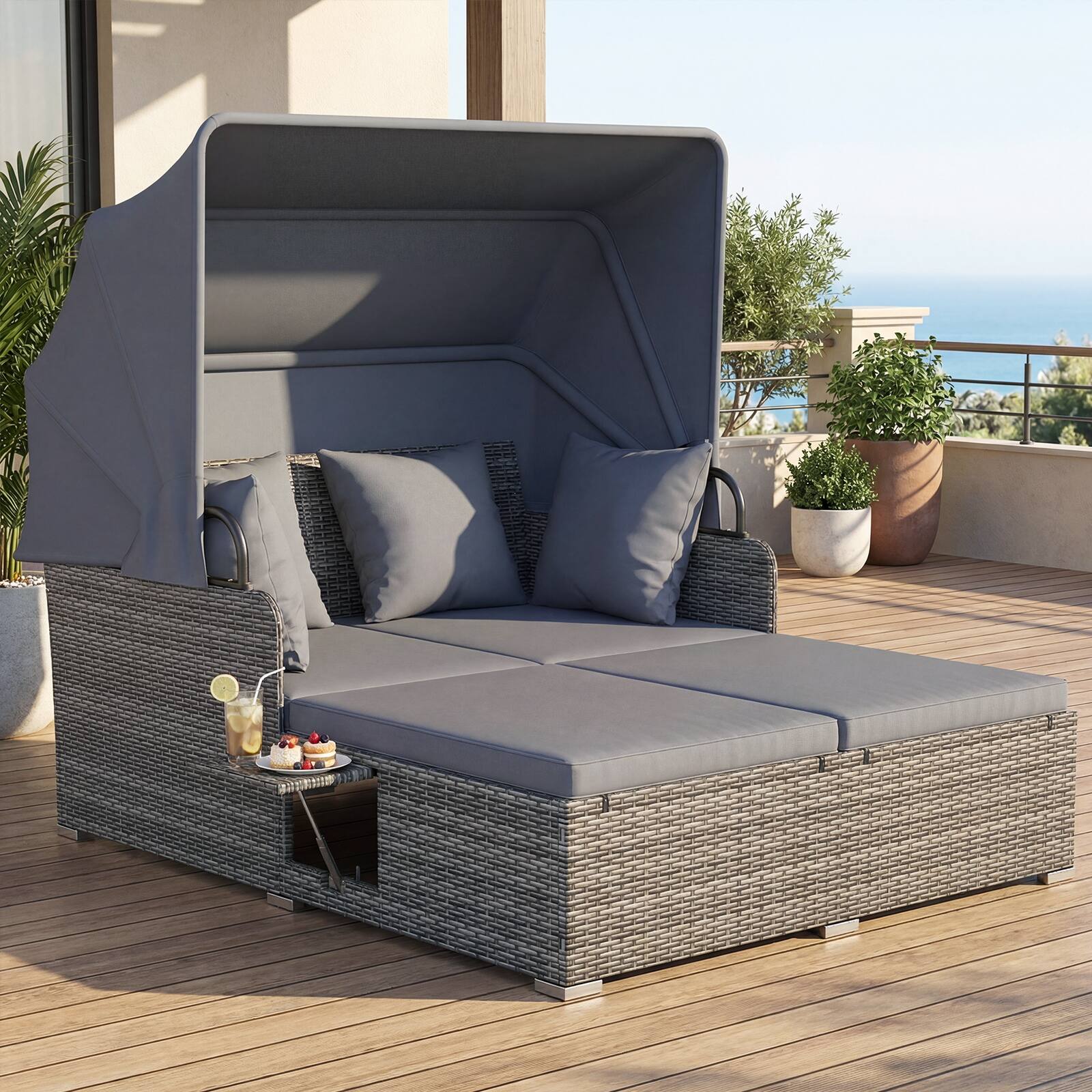 Alt View 3. Gymax - Gymax Patio Rattan Daybed Lounge Retractable Top Canopy Side Tables Cushions Grey - Grey.