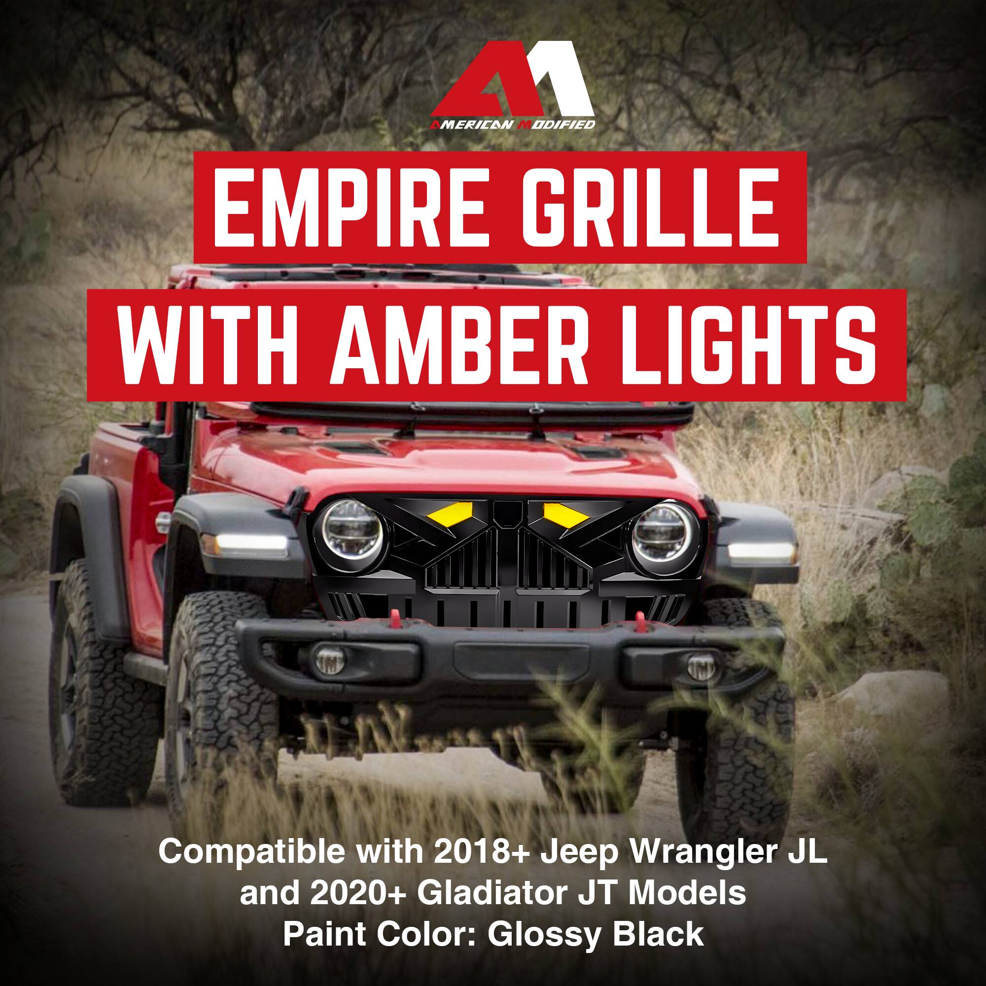 **EMPIRE GRILLE WITH AMBER LIGHTS**

Compatible with 2018+ Jeep Wrangler JL and 2020+ Gladiator JT Models  
Paint Color: Glossy Black