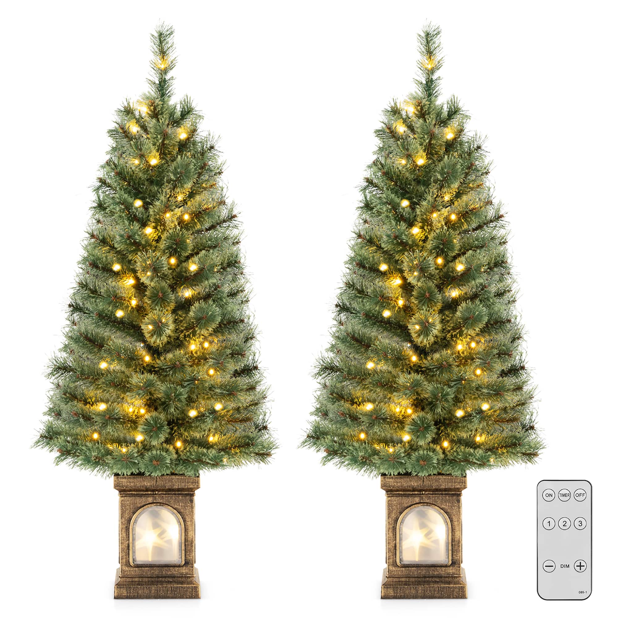 Gymax - 2 PCS 4 FT Pre-Lit Potted Christmas Tree Artificial Entrance Tree w/ LED Lights & 116 Branch Tips - Green, Gold