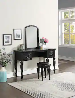 APRILSOUL - Bedroom Classic Vanity Set Wooden Carved Mirror Stool Drawers Color - Black