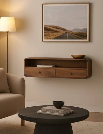 Front. Artisan Furniture - Artisan Furniture Solid Wood Floating Chestnut Open Console, 2 Drawers & 1 Shelf, Brown - Brown.