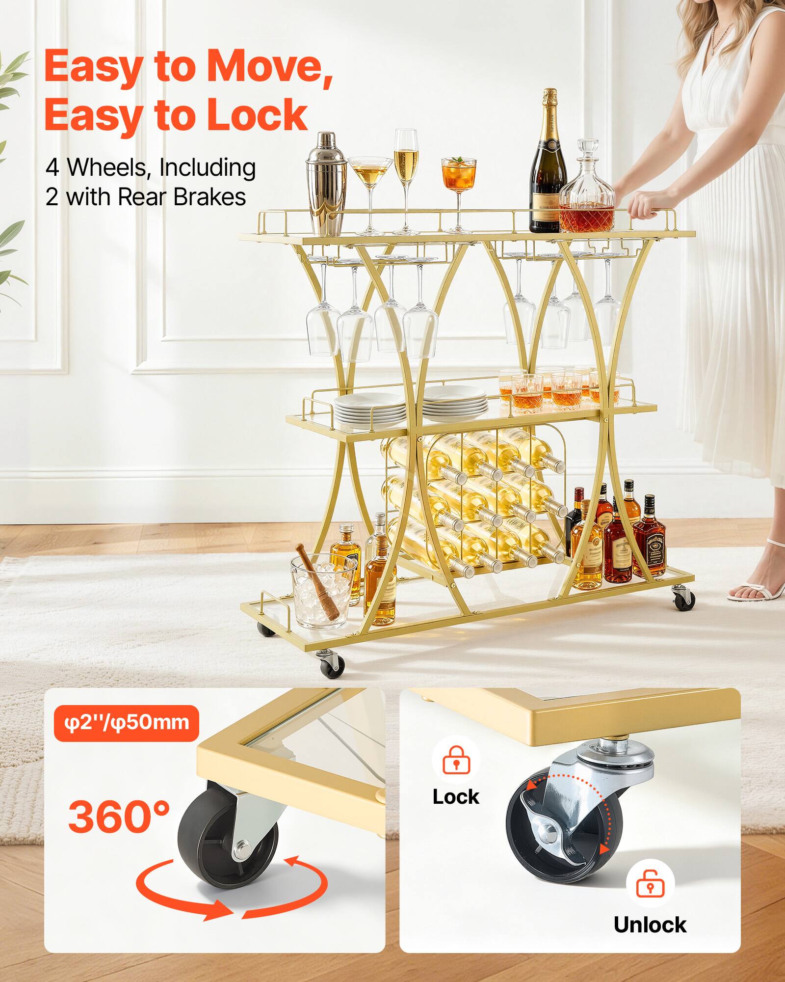 Easy to Move, Easy to Lock  
4 Wheels, Including 2 with Rear Brakes  
2"/50mm  
360° Lock  
Unlock