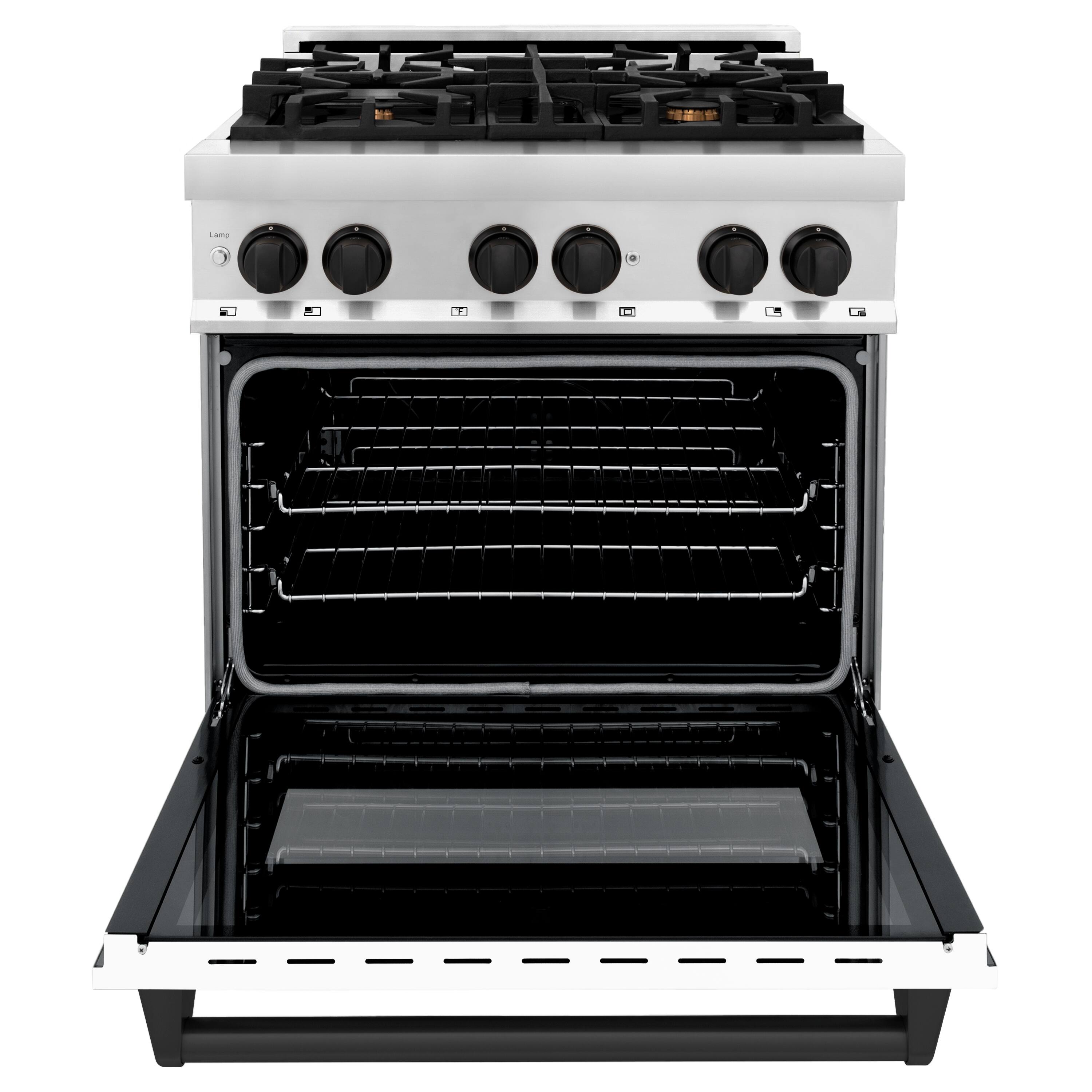 Left. ZLINE - Autograph 30" Legacy Dual Fuel Range w/ 4 Burners & White & Black Accents (RAZ-WM-30-MB) - Stainless Steel/Matte White.
