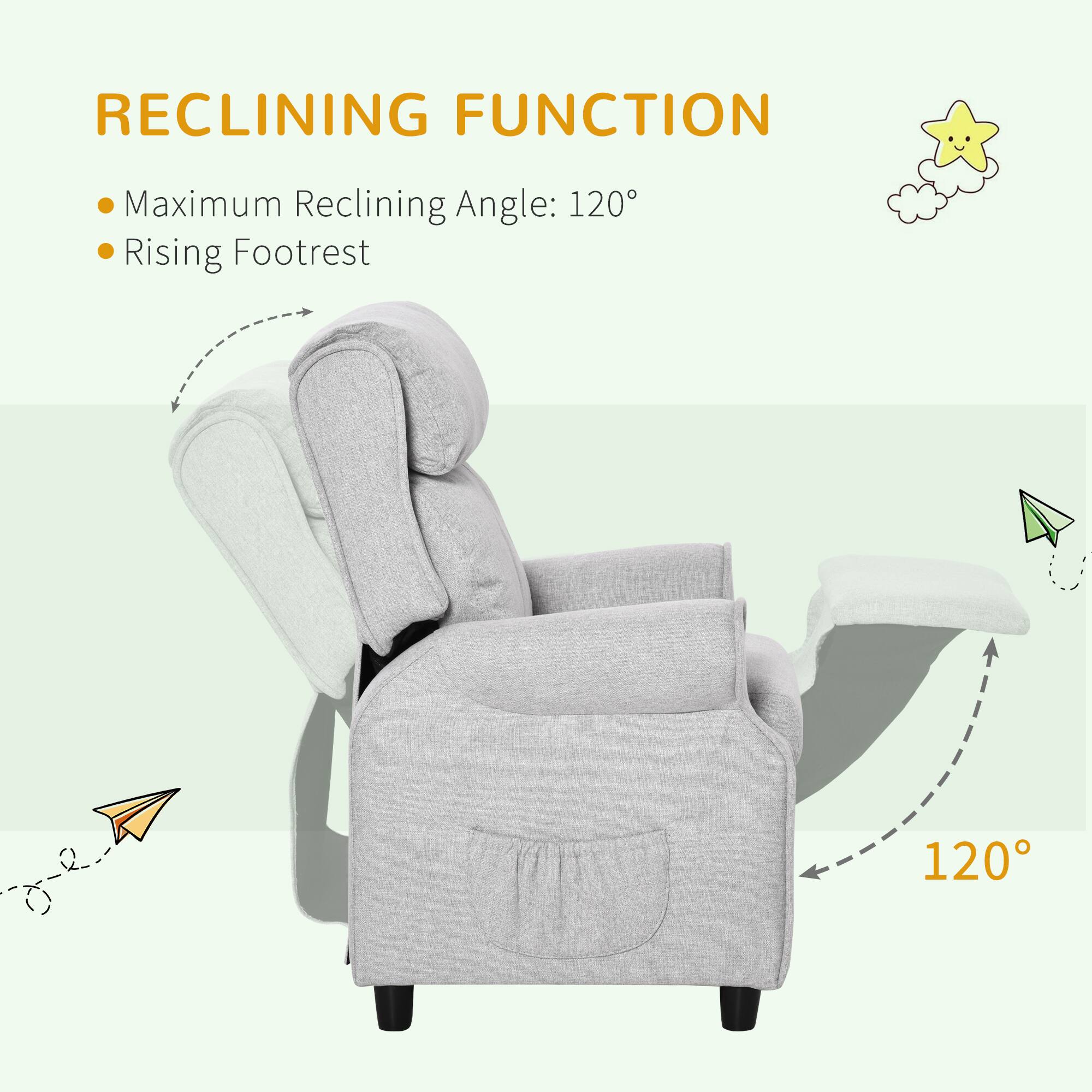 RECLINING FUNCTION

- Maximum Reclining Angle: 120°
- Rising Footrest