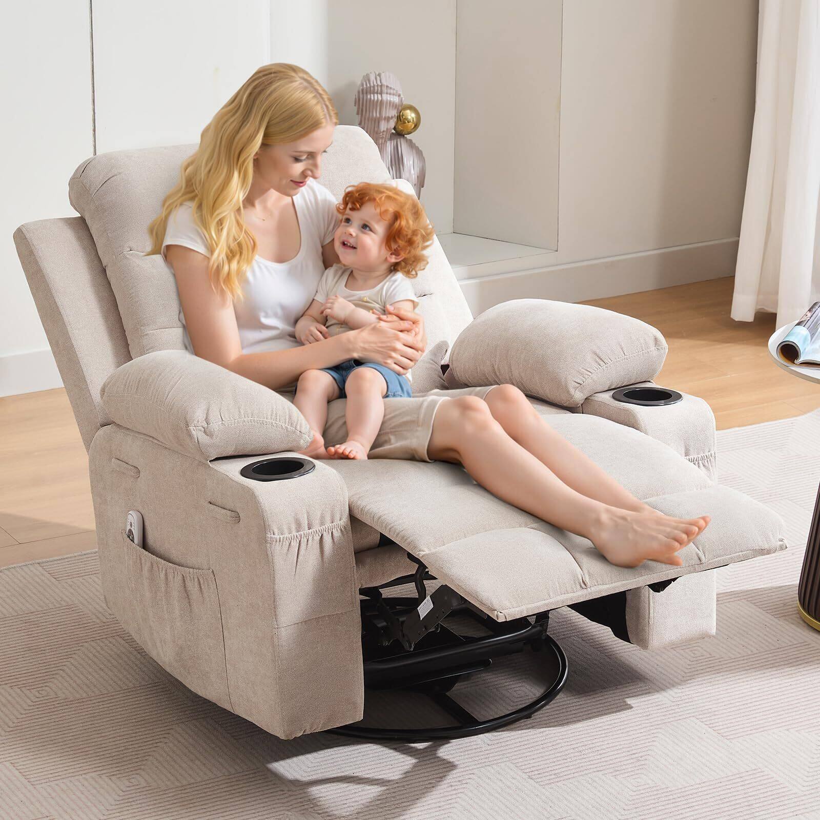 Alt View 5. Babevy - Oversized Swivel Rocker Recliner Chair with Massage & Heat, 360° Glider with Cup Holders & Side Pockets - Beige.