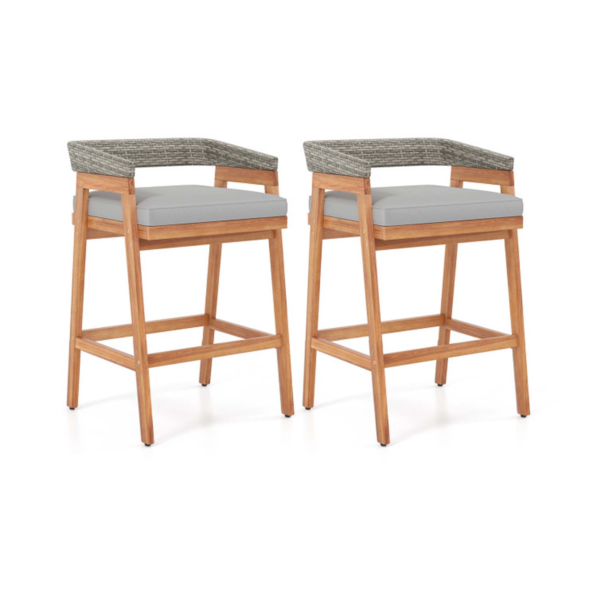 Front. Boyel Living - Gray with Cushions with Footrest Patio Wicker Wood Set of 2 Bar Stools - Gray.
