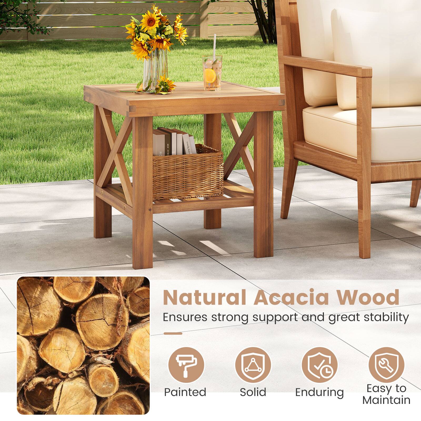 Natural Acacia Wood  
Ensures strong support and great stability  

- Painted  
- Solid  
- Enduring  
- Easy to Maintain