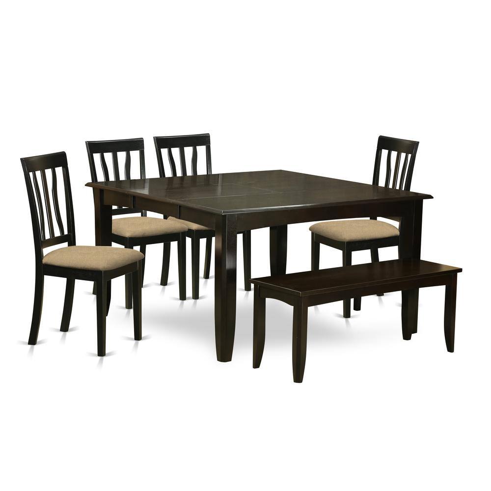 Back. East West Furniture - PFAN6-CAP-C 6 Pc Formal Dining set-Dining Table with Leaf and 4 Chairs plus a Bench. - Cappuccino.