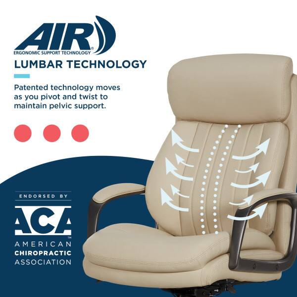 AIR  
ERGONOMIC SUPPORT TECHNOLOGY  

LUMBAR TECHNOLOGY  
Patented technology moves as you pivot and twist to maintain pelvic support.  

ENDORSED BY  
ACA  
AMERICAN CHIROPRACTIC ASSOCIATION