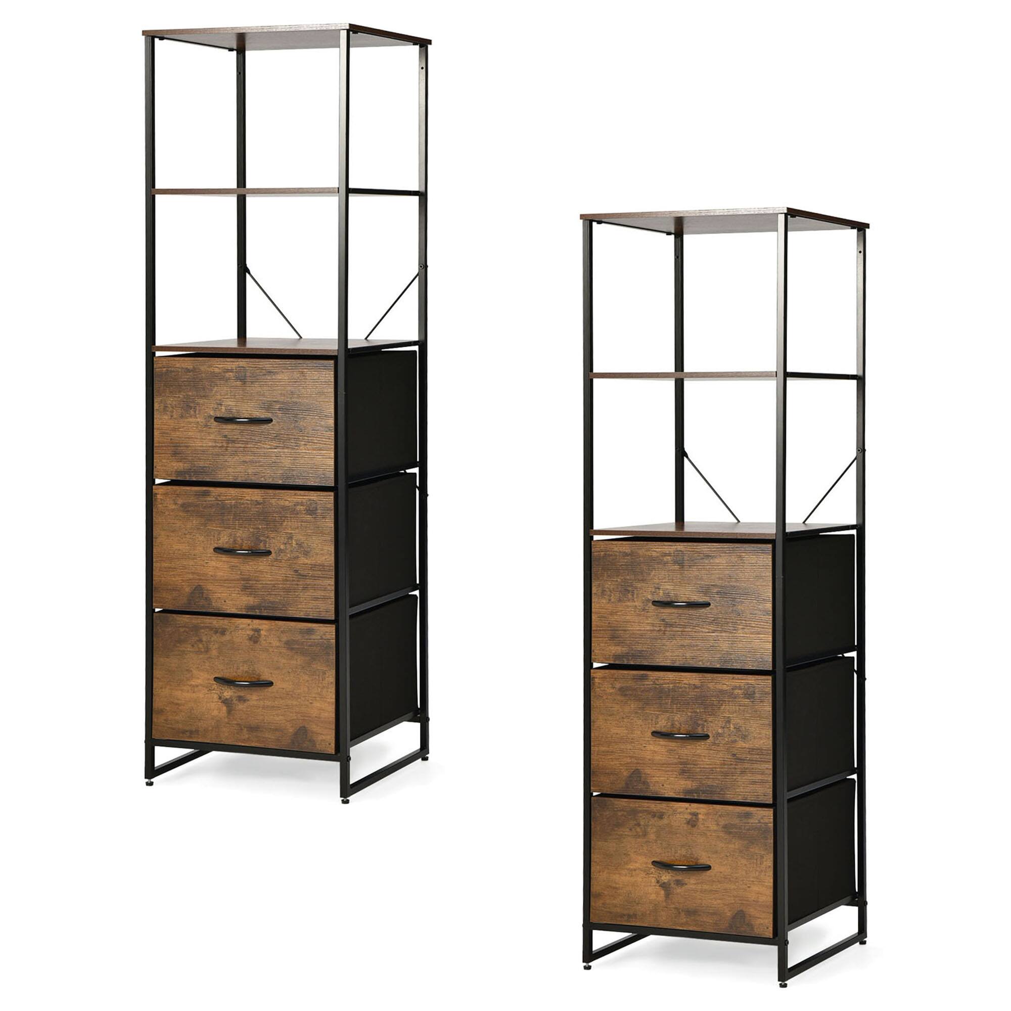 Gymax - 2PCS Industrial 3-tier Bookshelf 3 Drawers Dresser for Study Bedroom Living Room - Rustic Brown & Black