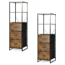 Gymax - 2PCS Industrial 3-tier Bookshelf 3 Drawers Dresser for Study Bedroom Living Room - Rustic Brown & Black