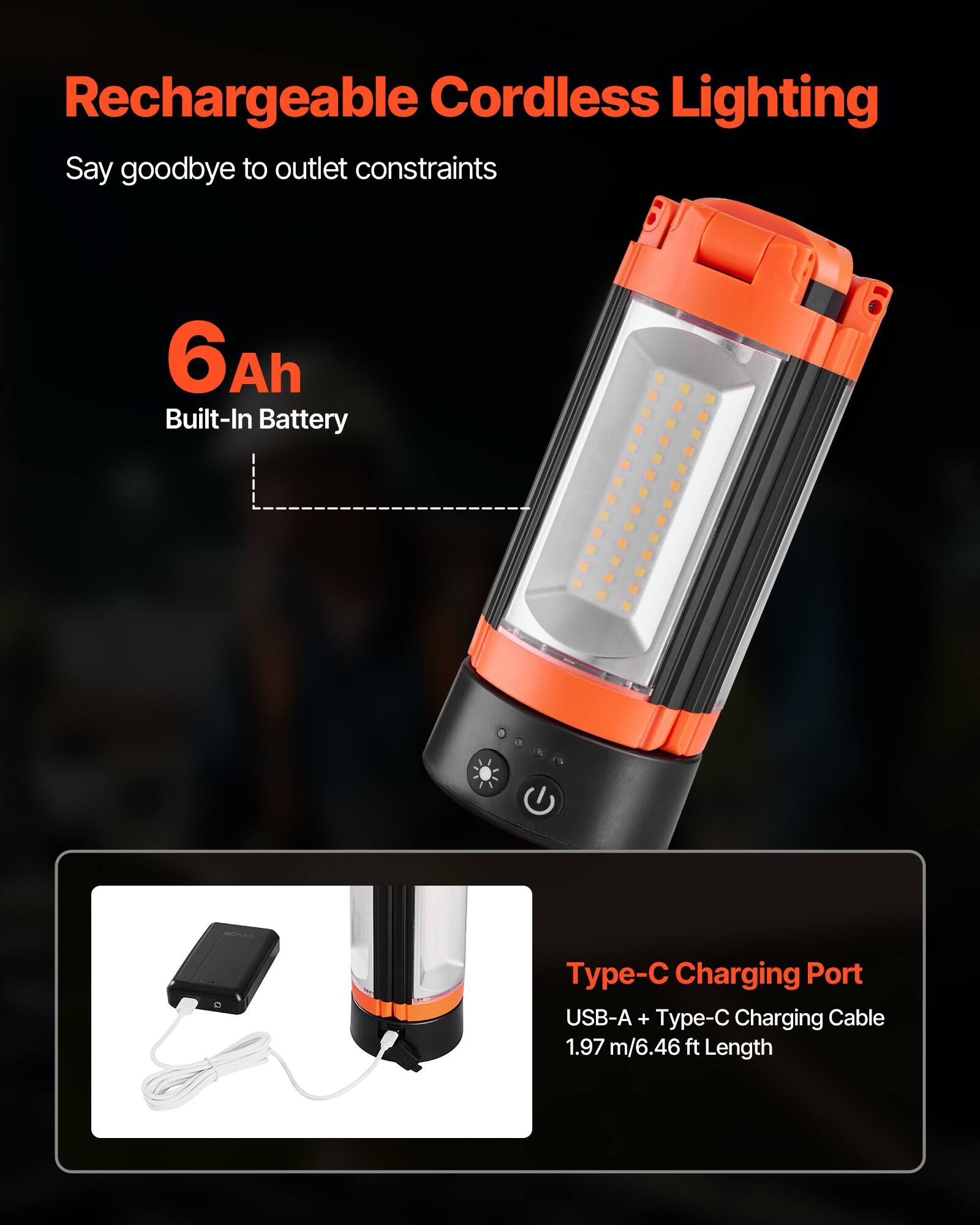 Rechargeable Cordless Lighting  
Say goodbye to outlet constraints  

6Ah Built-In Battery  

Type-C Charging Port  
USB-A + Type-C Charging Cable  
1.97 m/6.46 ft Length