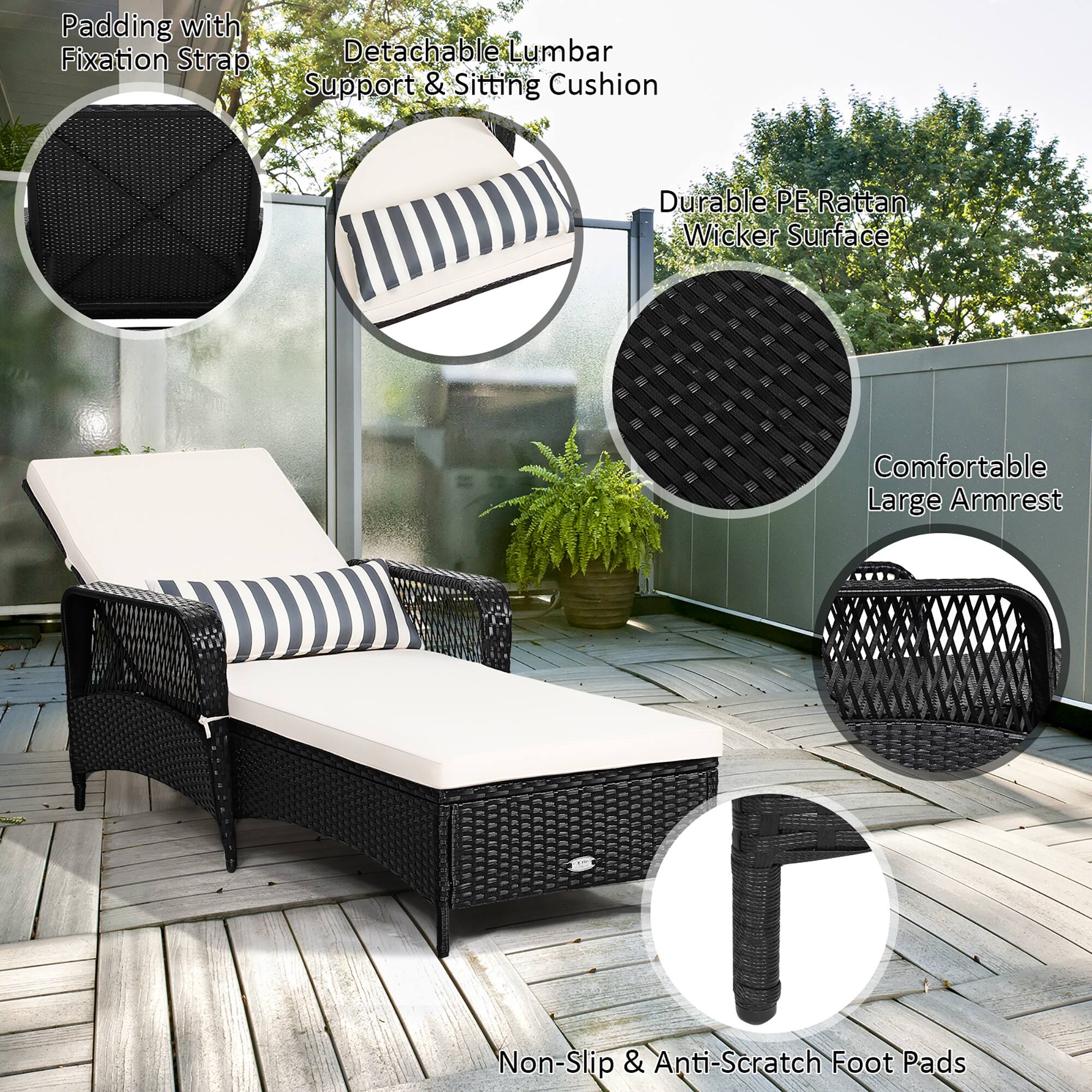 - Padding with Fixation Strap
- Detachable Lumbar Support & Sitting Cushion
- Durable PE Rattan Wicker Surface
- Comfortable Large Armrest
- Non-Slip & Anti-Scratch Foot Pads