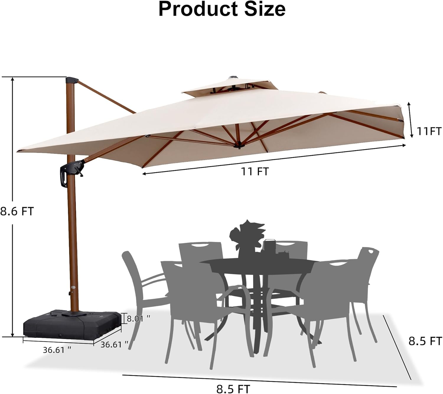 Product Size  
11 FT  
11 FT  
8.6 FT  
8.01"  
36.61"  
36.61"  
8.5 FT  
8.5 FT