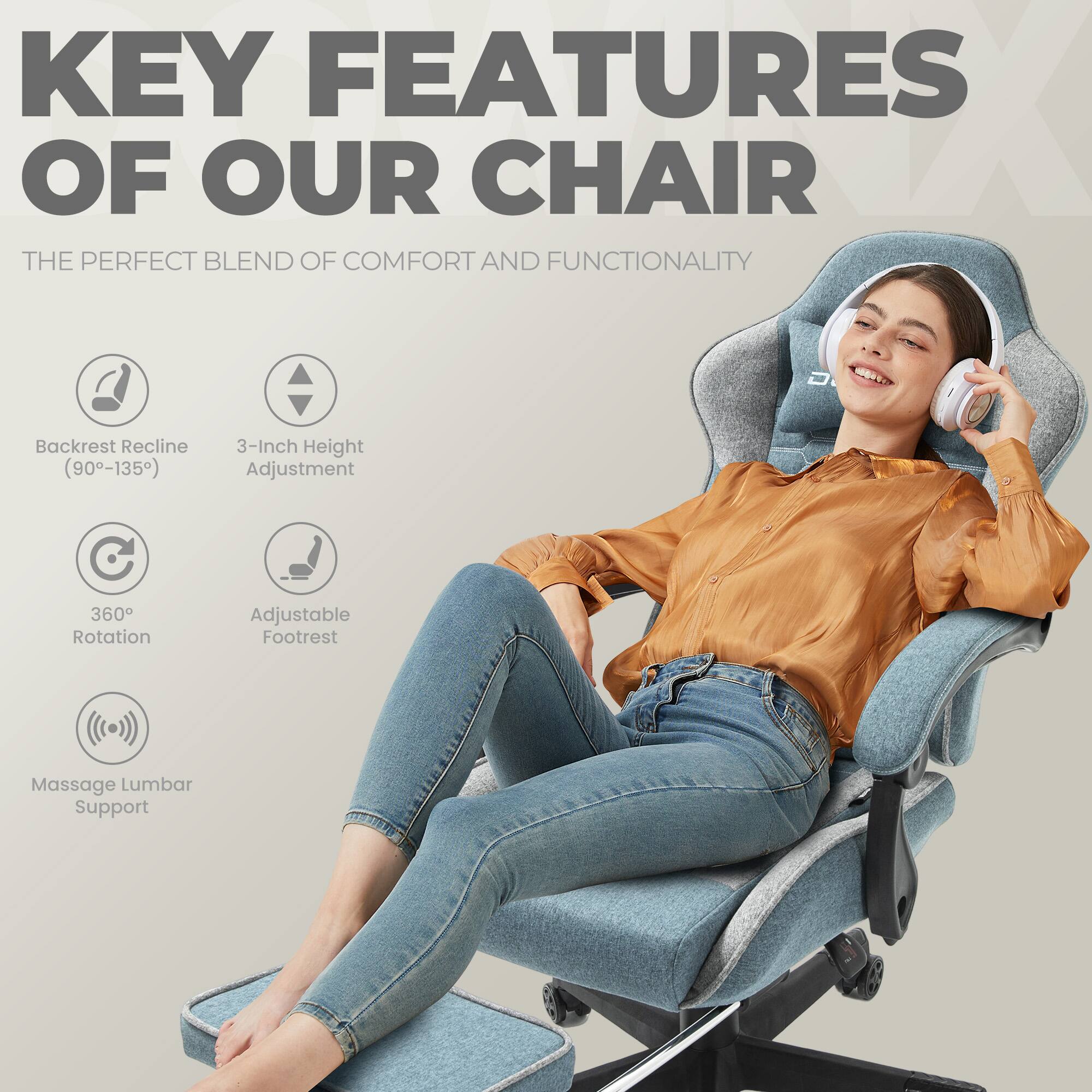 KEY FEATURES OF OUR CHAIR

THE PERFECT BLEND OF COMFORT AND FUNCTIONALITY

- Backrest Recline (90°-135°)
- 3-Inch Height Adjustment
- 360° Rotation
- Adjustable Footrest
- Massage Lumbar Support