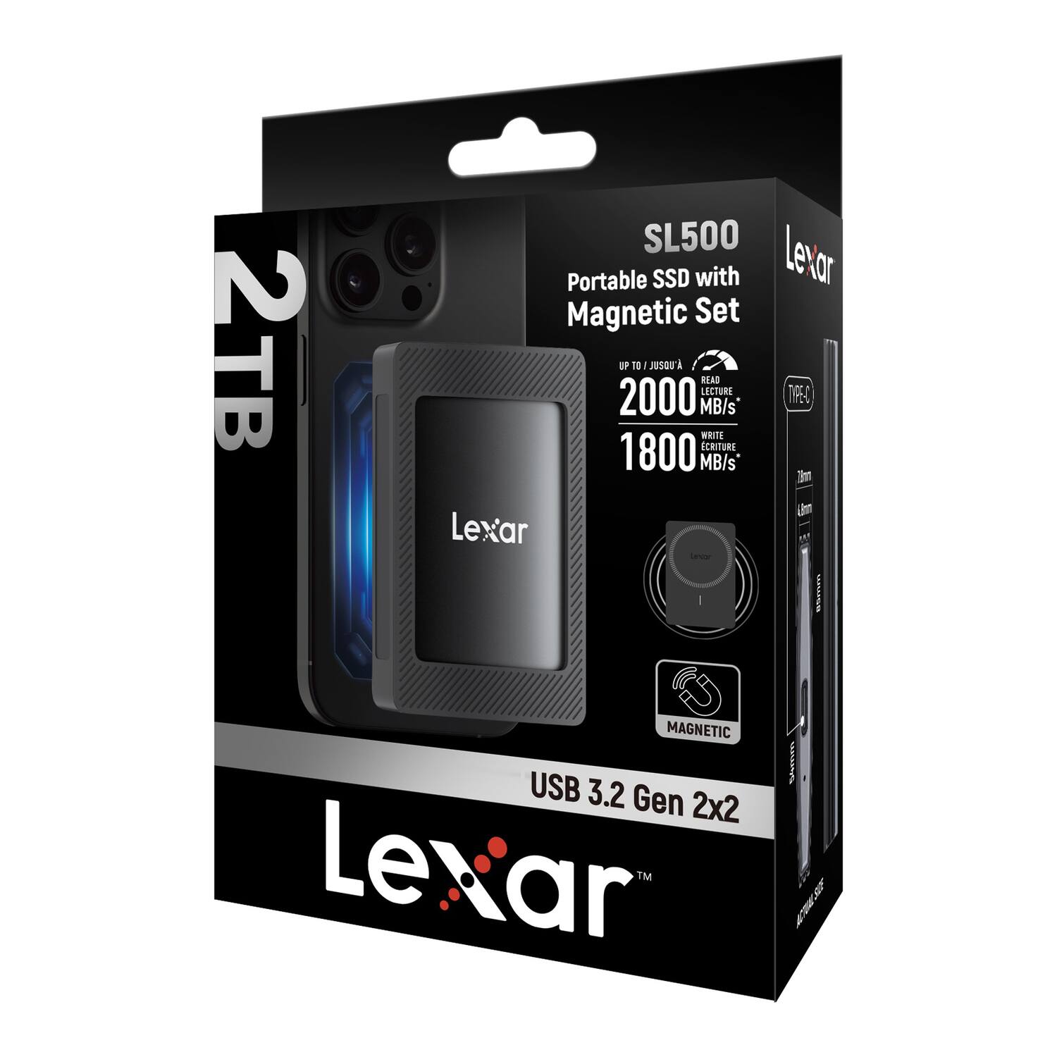 Lexar SL500 Portable SSD with Magnetic Set  
2TB  
USB 3.2 Gen 2x2  
READ: 2000 MB/s  
WRITE: 1800 MB/s  
MAGNETIC