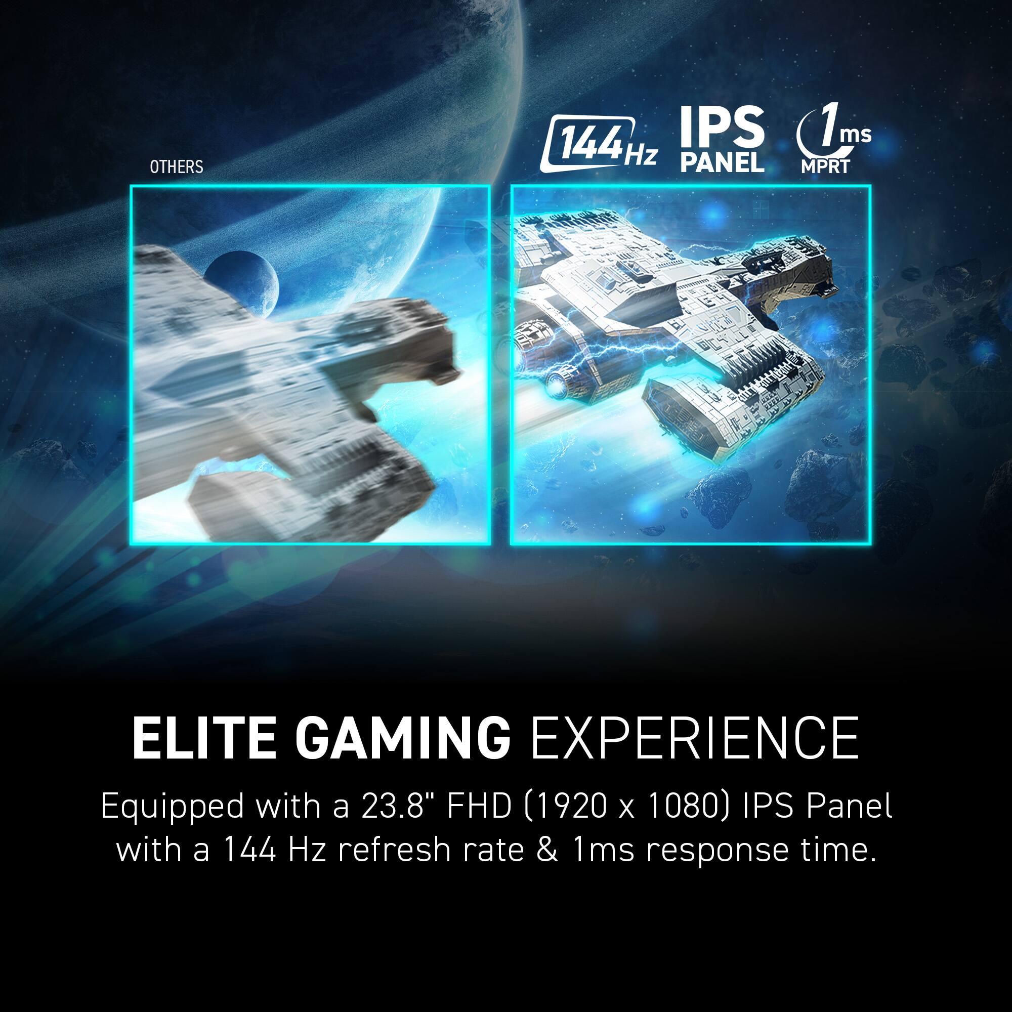 The text on the image is grouped as follows:

1. OTHERS: This is a reference to the other image in the scene.
2. 144Hz IPS 1 1ms ms Hz PANEL: This refers to the panel of the image, which is a 144Hz IPS panel with a 1ms response time.
3. MPRT ELITE GAMING EXPERIENCE: This is a description of the image, indicating that it is an elite gaming experience.
4. Equipped with a 23.8" FHD (1920 X 1080) IPS Panel with a 144 Hz refresh rate rate & 1ms & 1ms response time: This is a description of the image, indicating that it is equipped with a 23.8" FHD IPS panel with a 144Hz refresh rate and a 1ms response time.