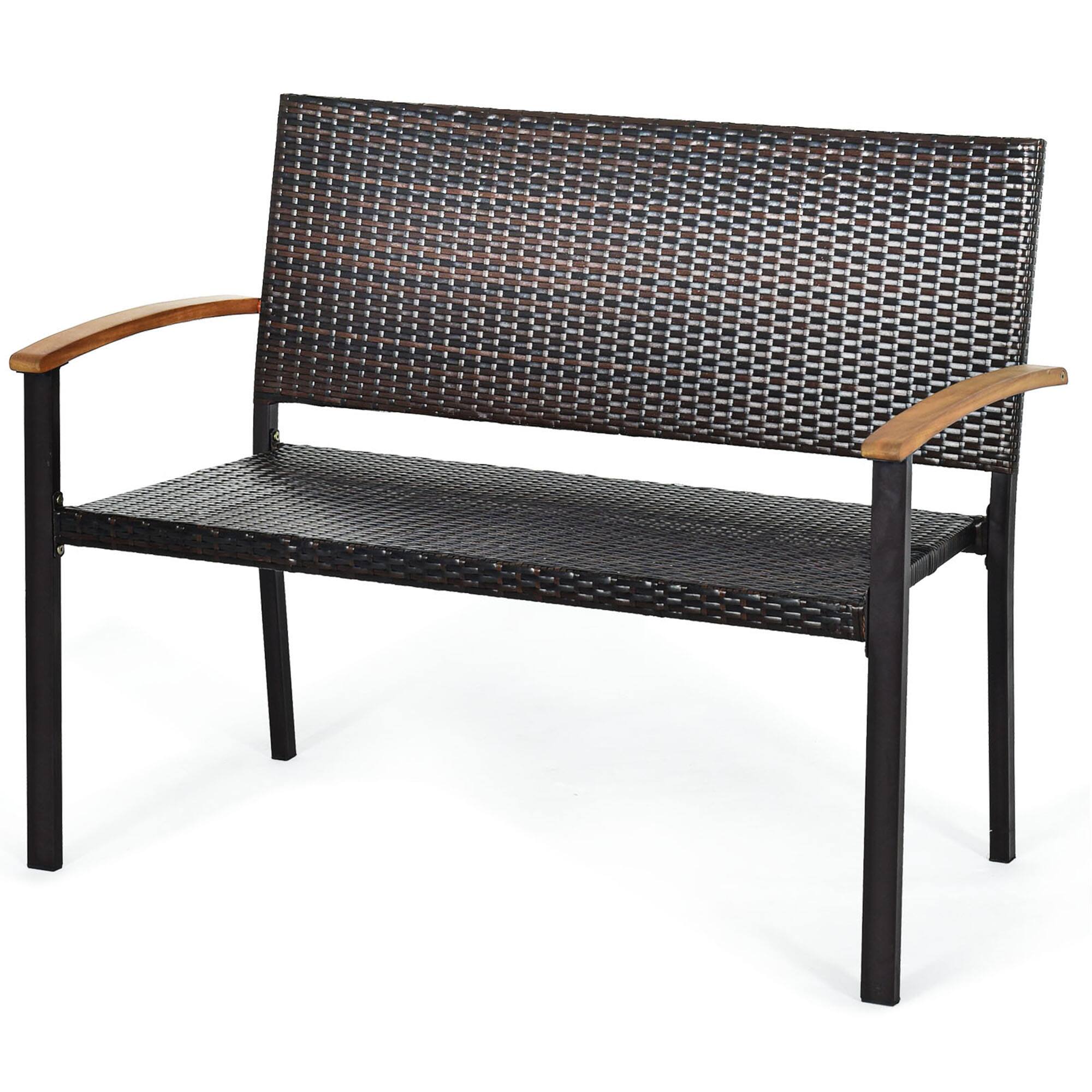 Alt View 9. Gymax - Gymax Patio Wicker Bench All Weather Rattan Chair Loveseat w/ Acacia Armrest - Black.