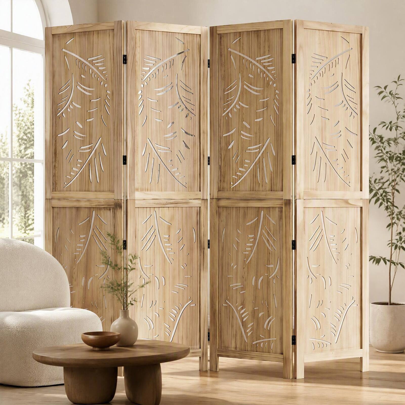Costway 4 Panel Wooden Room Divider Privacy Screen with Palm Leaf ...