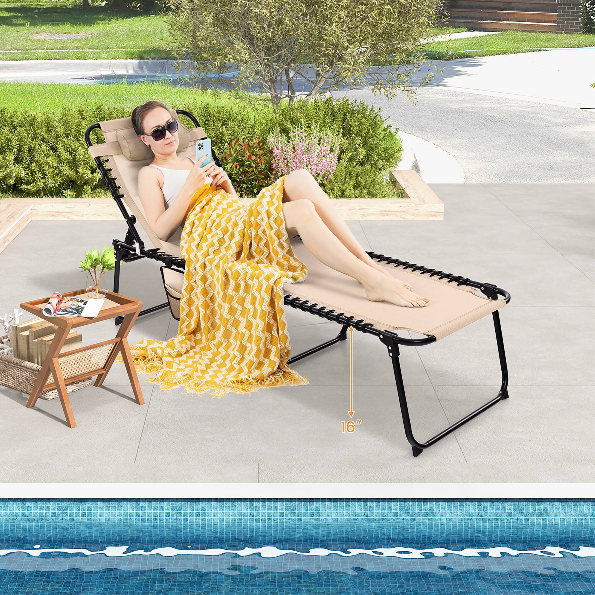 Alt View 1. Gymax - Gymax Patio Folding Chaise Lounge Portable Lay Flat Reclining Chair w/ 4-Level Backrest Side Pocket - Beige.