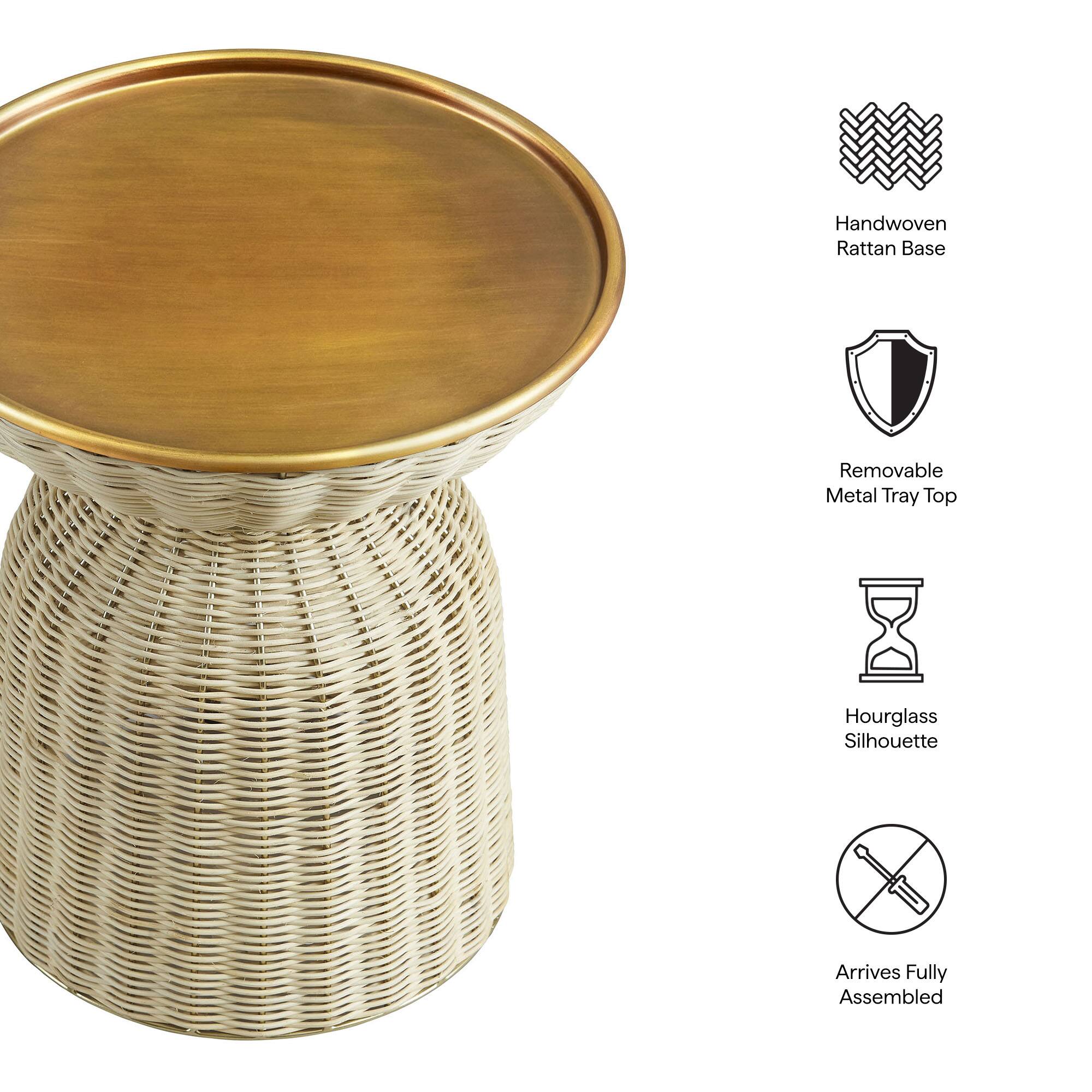 - Handwoven Rattan Base
- Removable Metal Tray Top
- Hourglass Silhouette
- Arrives Fully Assembled