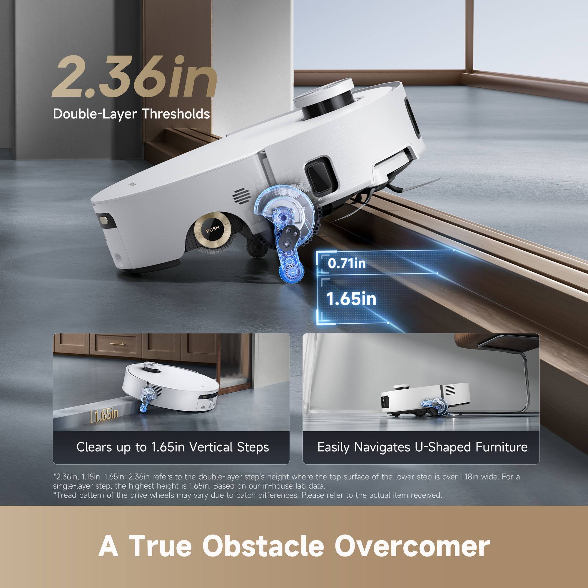 2.36in Double-Layer Thresholds  
0.71in  
1.65in  
Clears up to 1.65in Vertical Steps  
Easily Navigates U-Shaped Furniture  

*2.36in, 1.18in, 1.65in: 2.36in refers to the double-layer step's height where the top surface of the lower step is over 1.18in wide. For 3 single-layer steps, the highest height is 1.65in. Based on our in-house lab data. Tread pattern of the drive wheels may vary due to batch differences. Please refer to the actual item received.  

A True Obstacle Overcomer