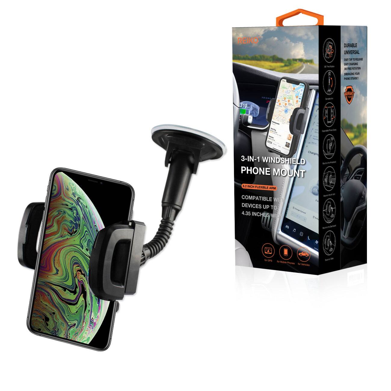 REIKO - DURABLE UNIVERSAL 3-IN-1 WINDSHIELD PHONE MOUNT
- COMPATIBLE WITH DEVICES UP TO 4.35 INCHES
- 2-INCH FLEXIBLE ARM
- EASY TO INSTALL & REMOVE
- CHARGING PORT
- FOR GPS, MAPS, OR NAVIGATION