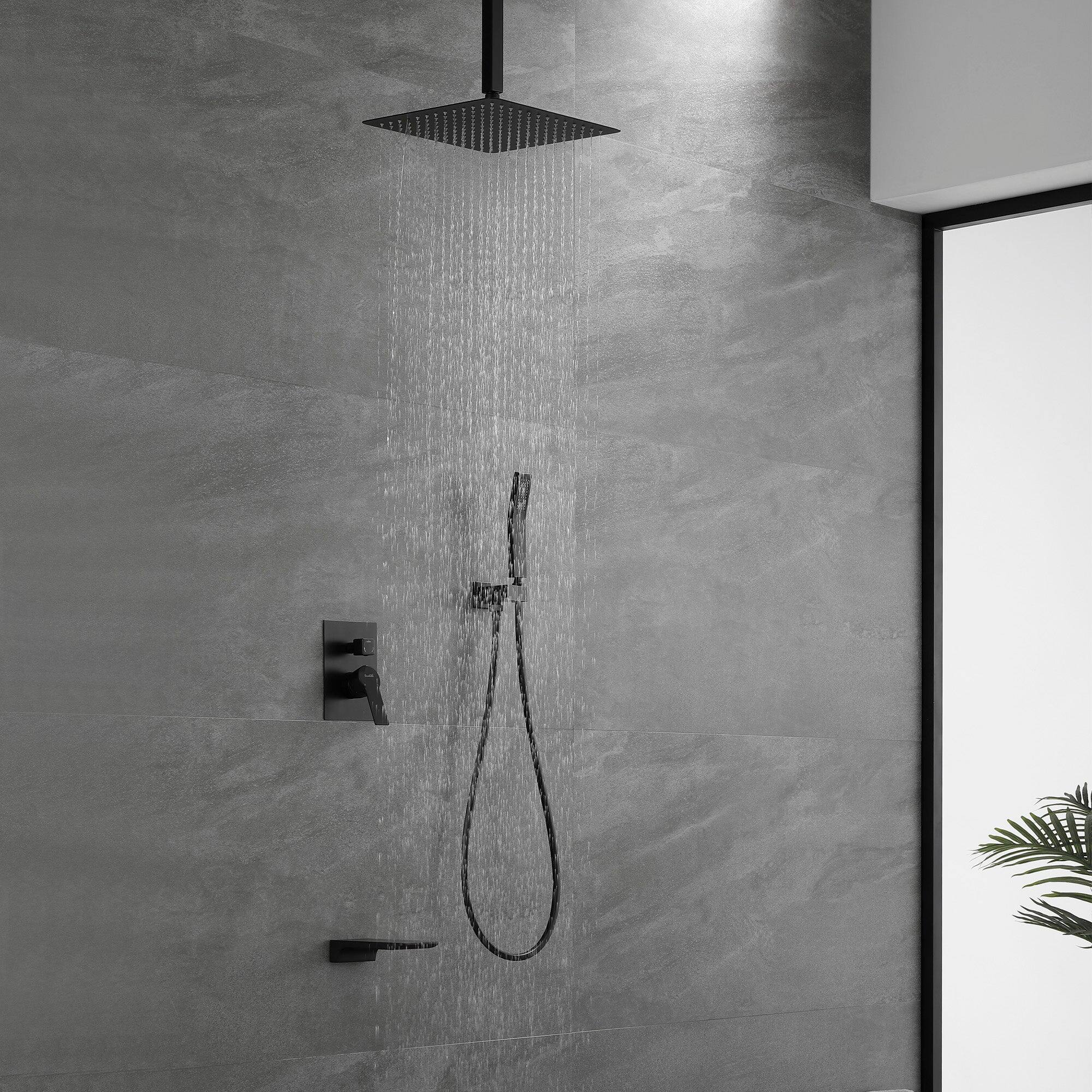 Left. Boyel Living - Ceiling Mount Single-Handle 1-Spray Tub and Shower Faucet with 12 in. Fixed Shower Head in Matte Black (Valve Included) - Matte Black.