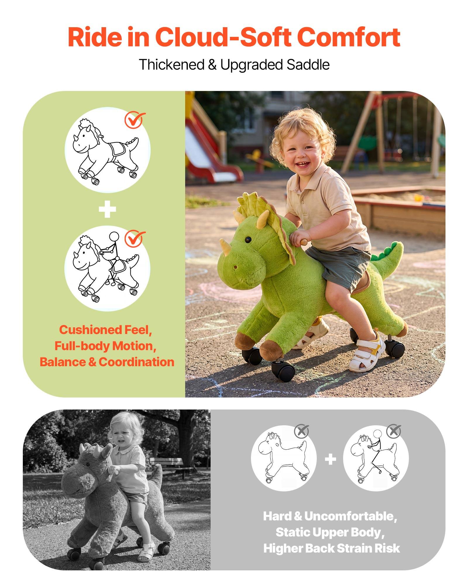 Ride in Cloud-Soft Comfort  
Thickened & Upgraded Saddle  

Cushioned Feel, Full-body Motion, Balance & Coordination  

Hard & Uncomfortable, Static Upper Body, Higher Back Strain Risk