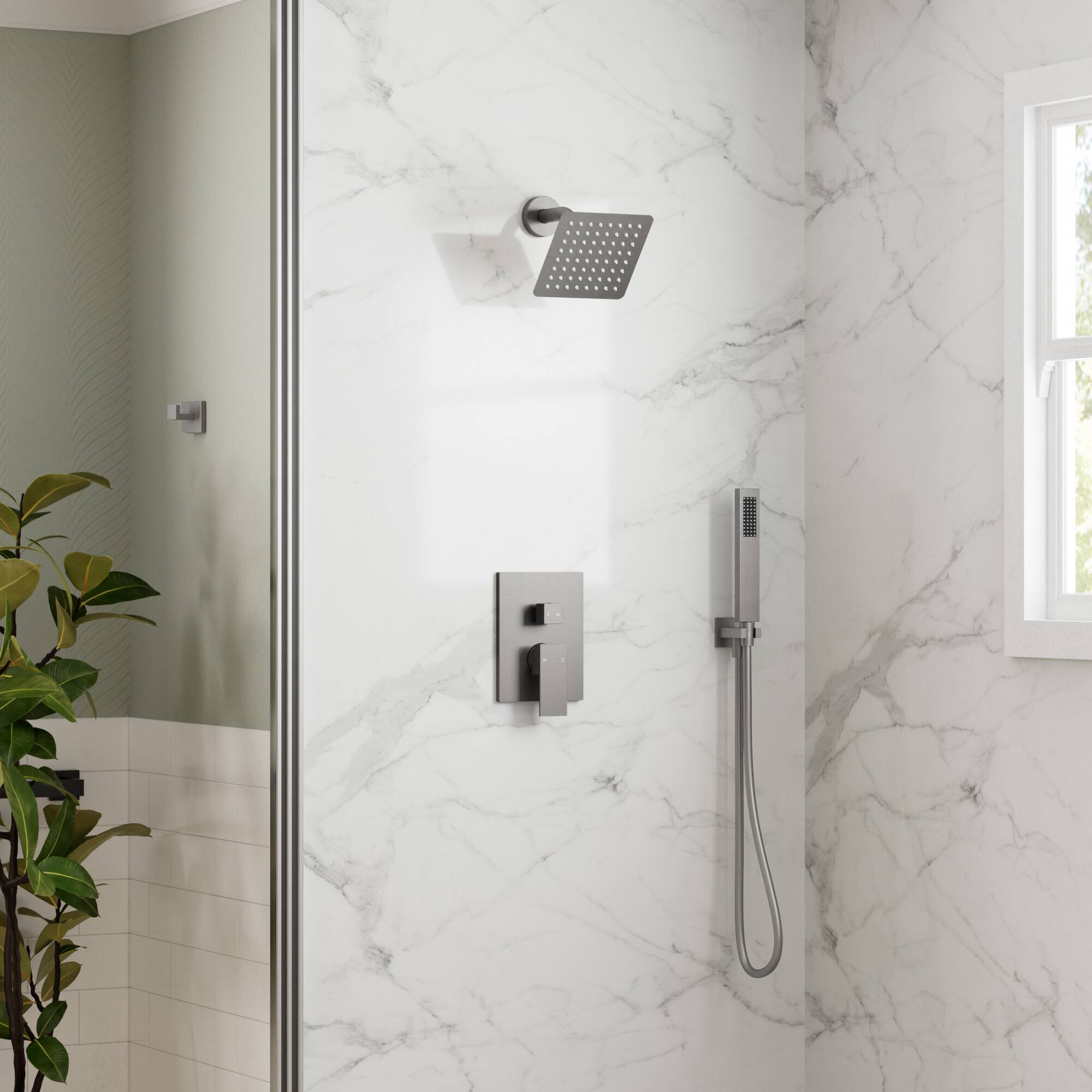 Angle. GRANDJOY - 10" Rain Shower System with Handheld Shower Head and Single Handle Mixer Valve - Brushed Nickel.