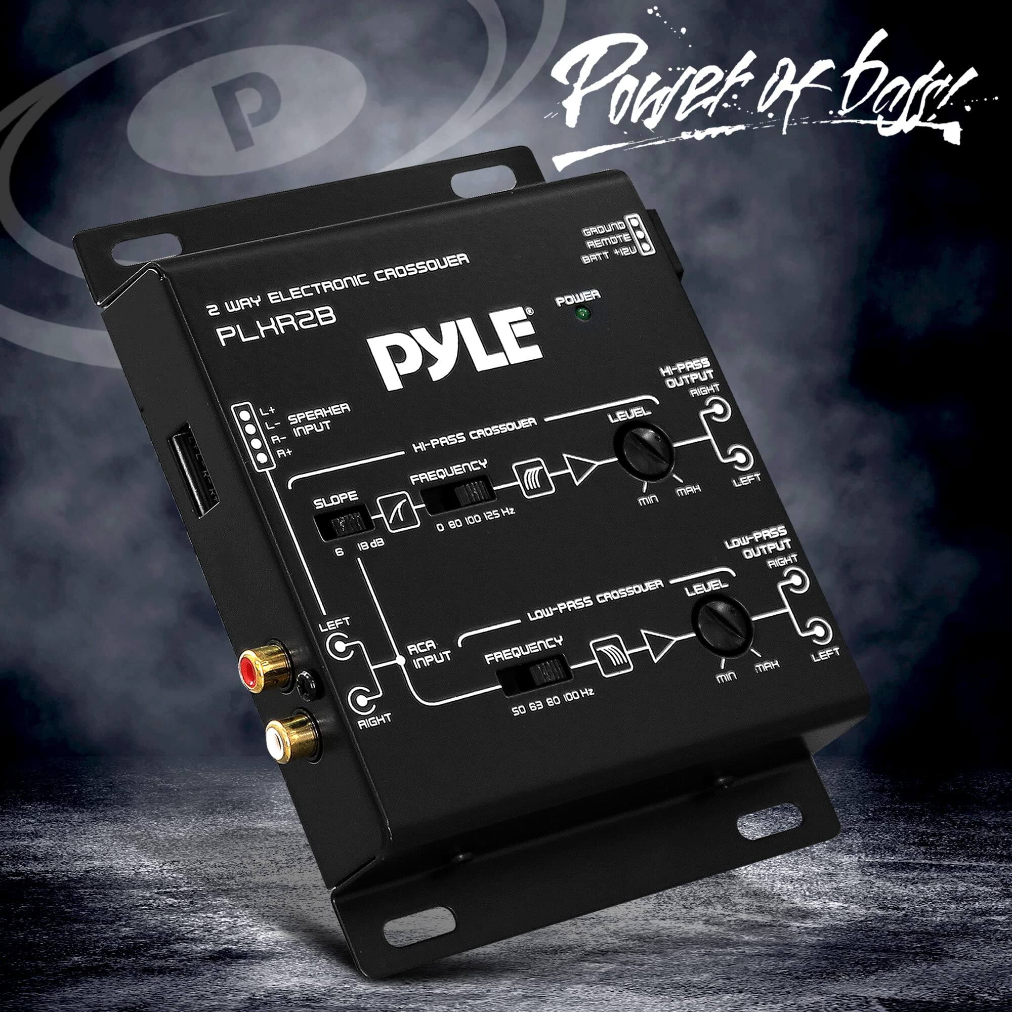 PYLE 2 WAY ELECTRONIC CROSSOVER  
PLHR2B  

- SPEAKER LEVEL INPUT  
- RCA INPUT  
- HI-PASS CROSSOVER FREQUENCY  
- SLOPE  
- LOW-PASS CROSSOVER FREQUENCY  
- HI-PASS OUTPUT  
- LOW-PASS OUTPUT  

- GROUND  
- REMOTE BATT  
- POWER  

- HI-PASS LEVEL  
- LOW-PASS LEVEL  

- LEFT  
- RIGHT  

- 0 80 100 125 160 200 250 315 400 500 630 800 1000 Hz