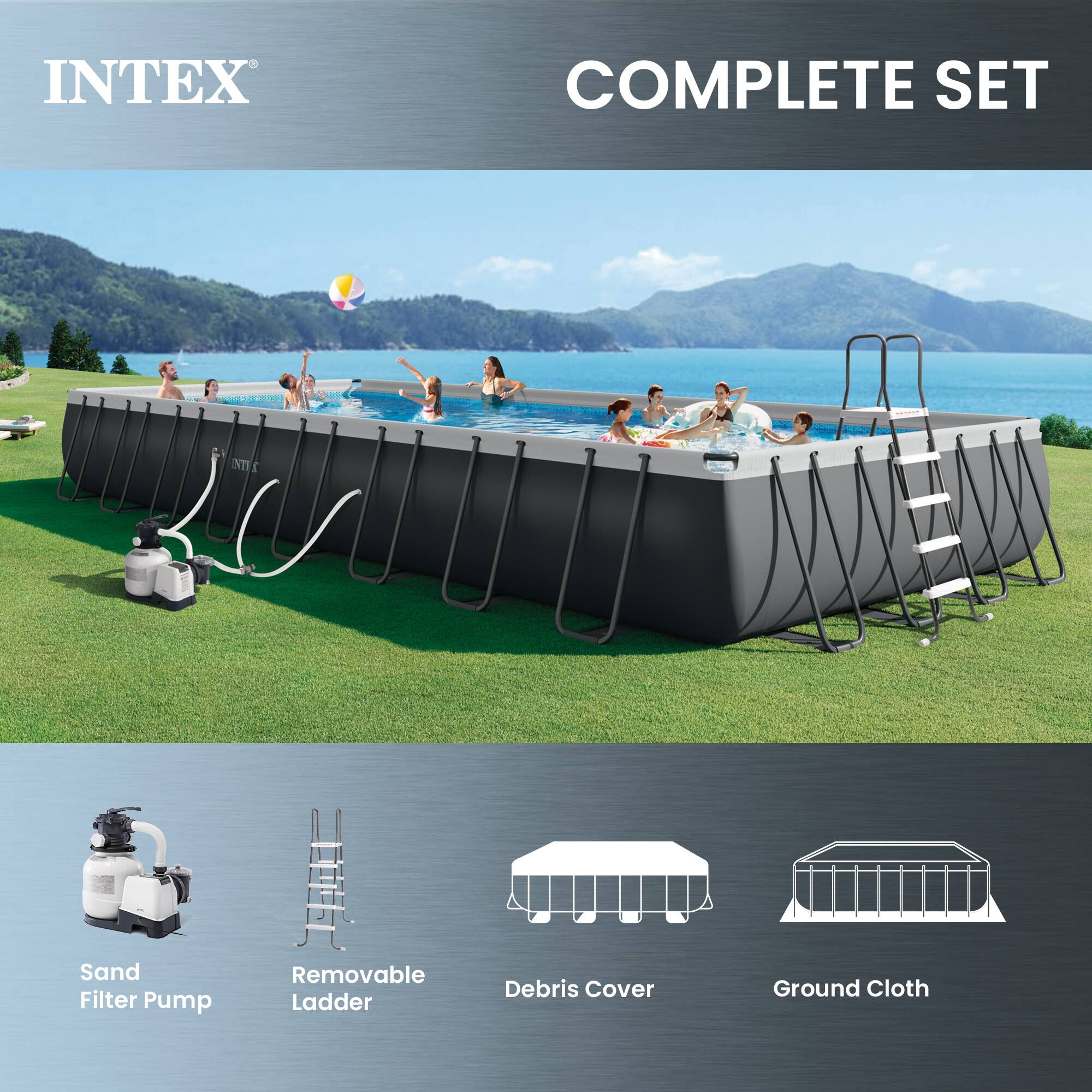 INTEX COMPLETE SET

- Sand Filter Pump
- Removable Ladder
- Debris Cover
- Ground Cloth