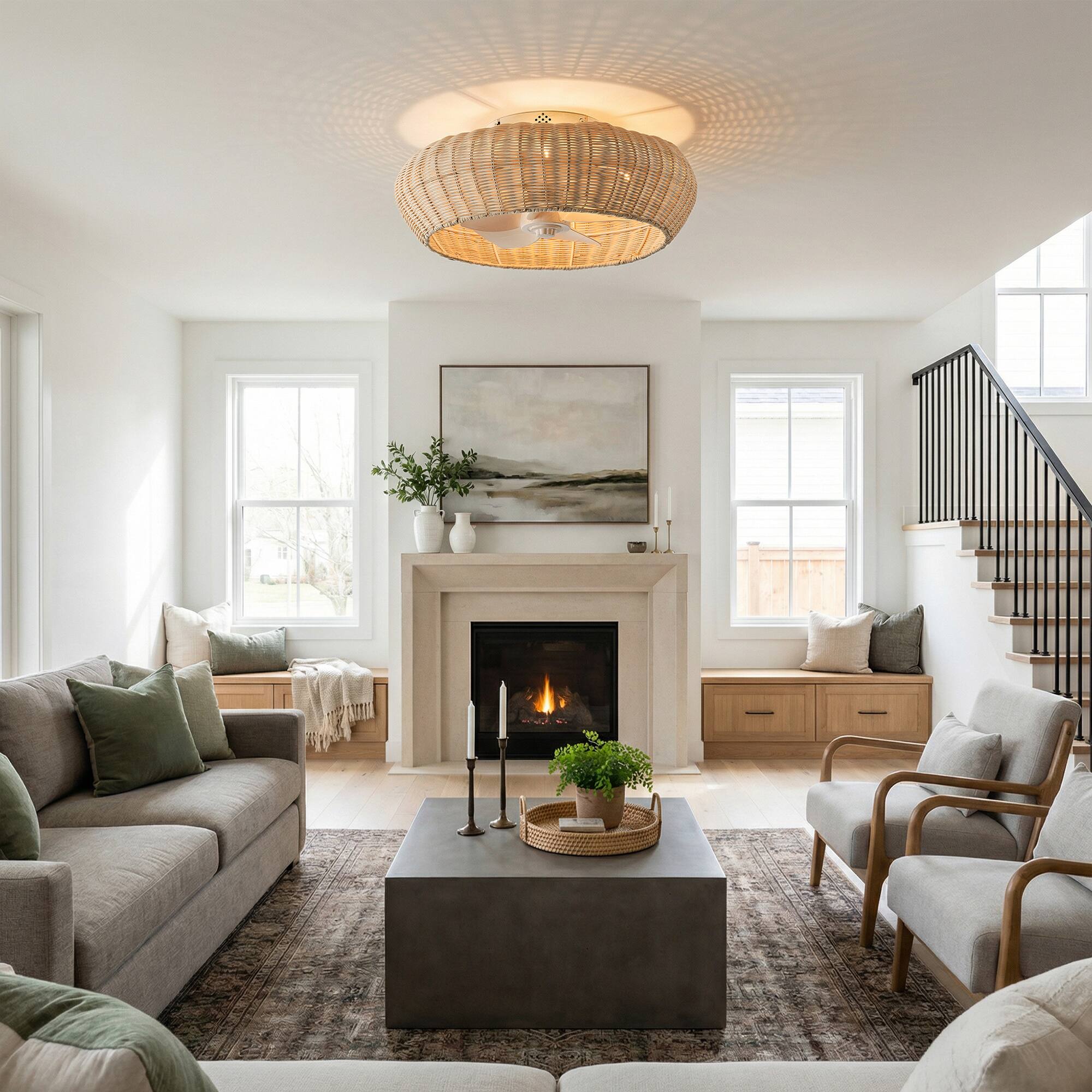 Left. Vaczon - 20" Boho Rattan Caged Ceiling Fan with Light and Remote, 6-Speed Reversible Blades, Low-Profile Flush Mount Ceiling Fan - Natural Rattan.