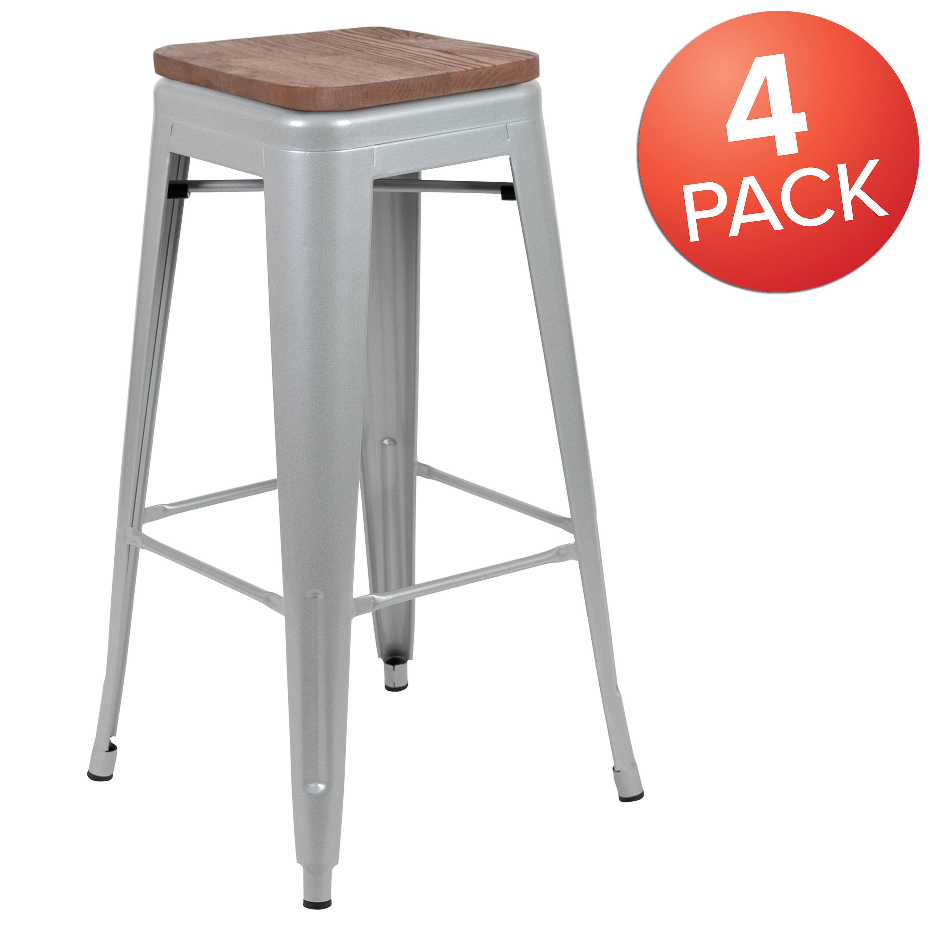 Alt View 2. Emma + Oliver - 30" High Metal Indoor Bar Stool with Wood Seat - Stackable Set of 4 - Silver.