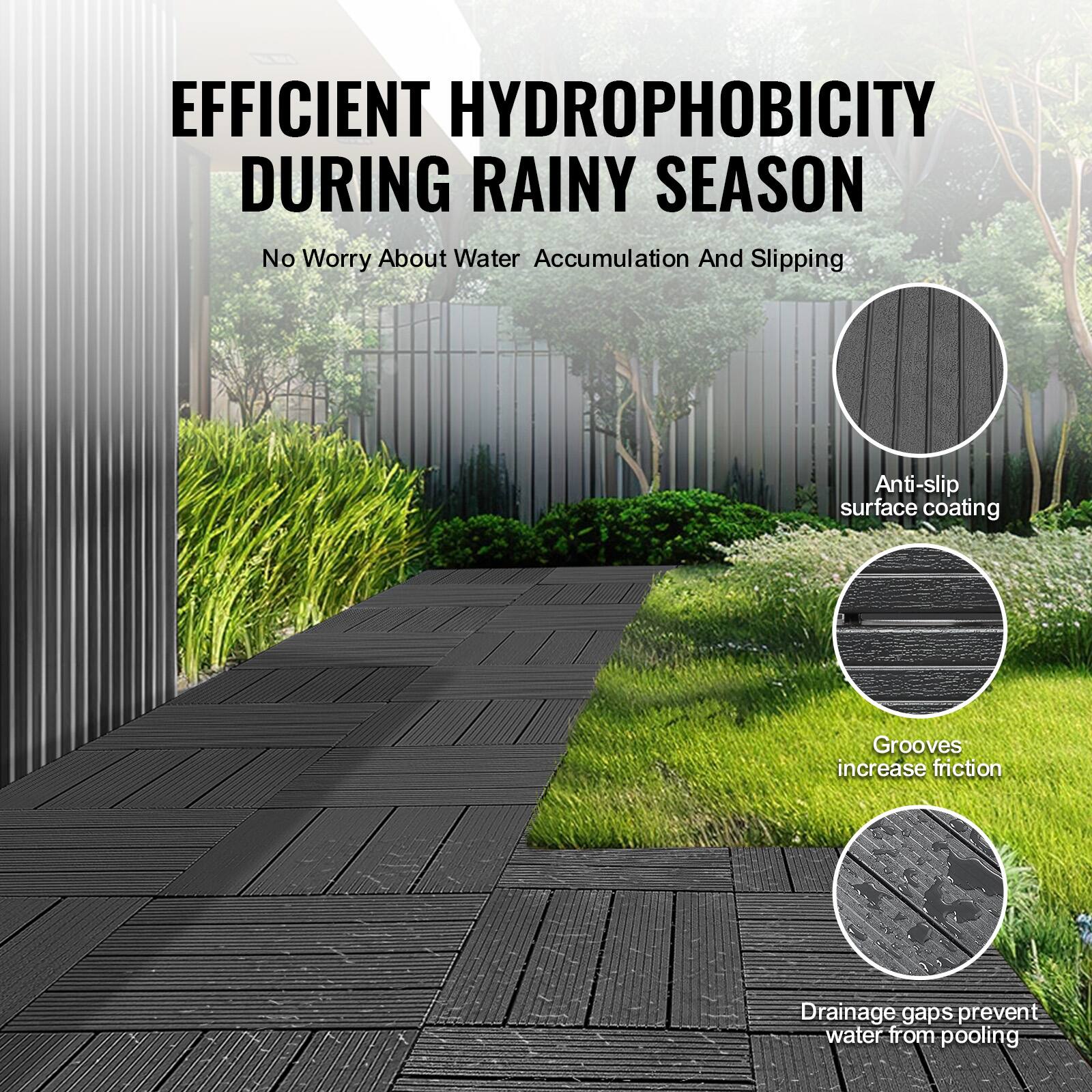 EFFICIENT HYDROPHOBICITY DURING RAINY SEASON  
No Worry About Water Accumulation And Slipping  

- Anti-slip surface coating  
- Grooves increase friction  
- Drainage gaps prevent water from pooling